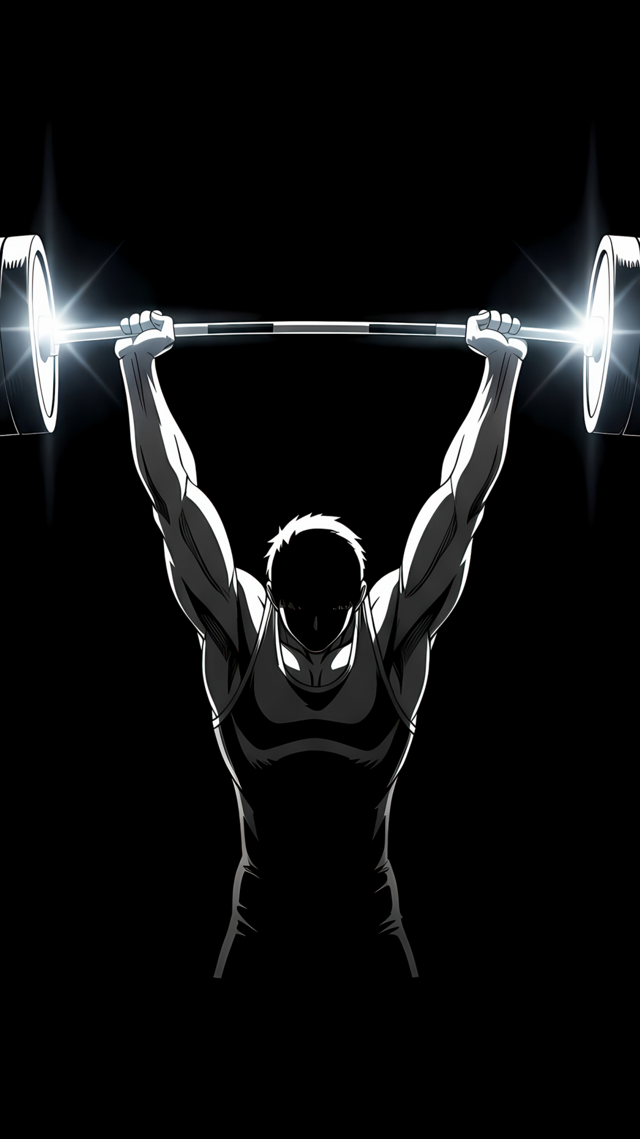 A minimalist, glowing silhouette of an athlete performing a weightlifting movement against a pitch-black background.