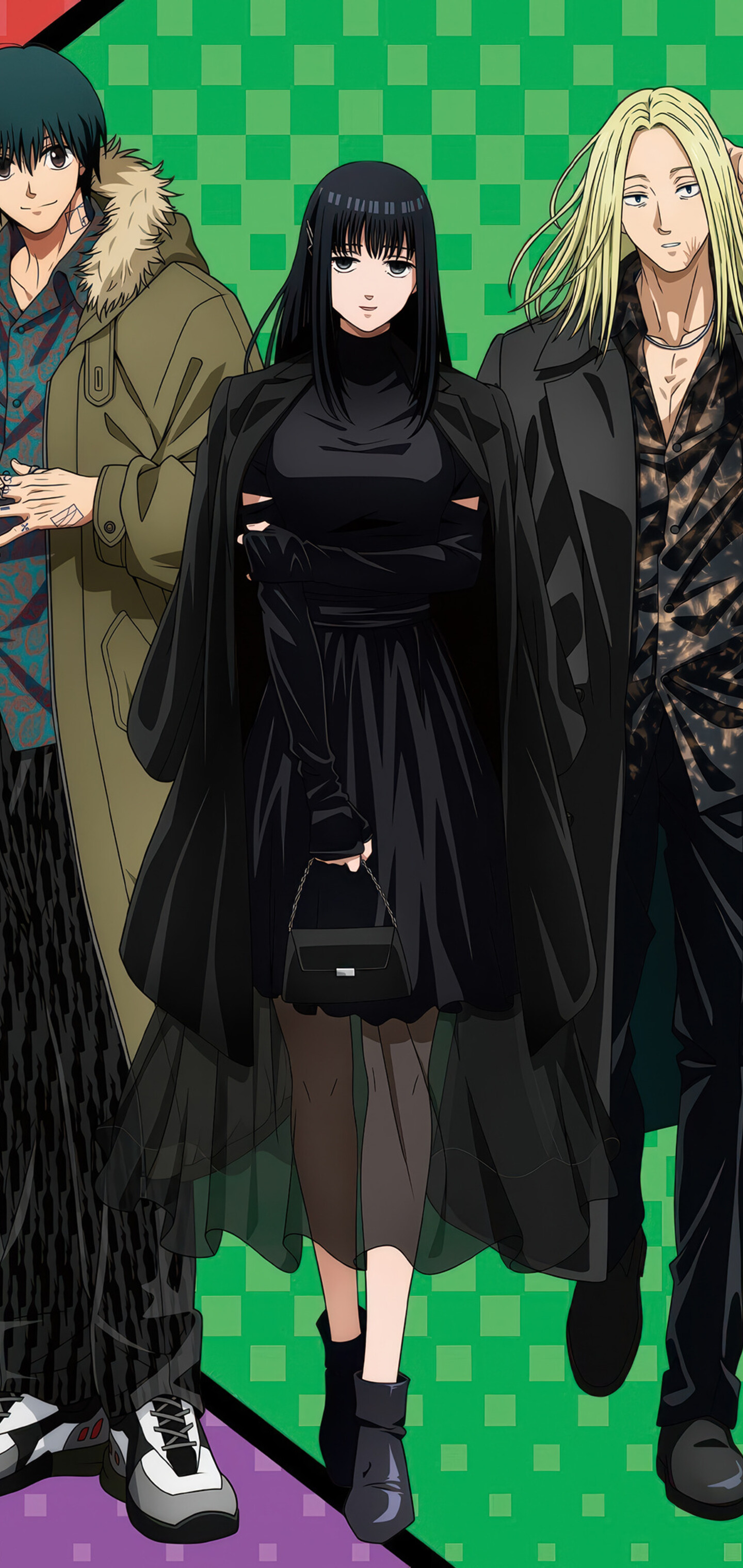 A character poster for the Sakamoto Days anime series featuring Taro Sakamoto, Shin Asakura, and Yoichi Nagumo.