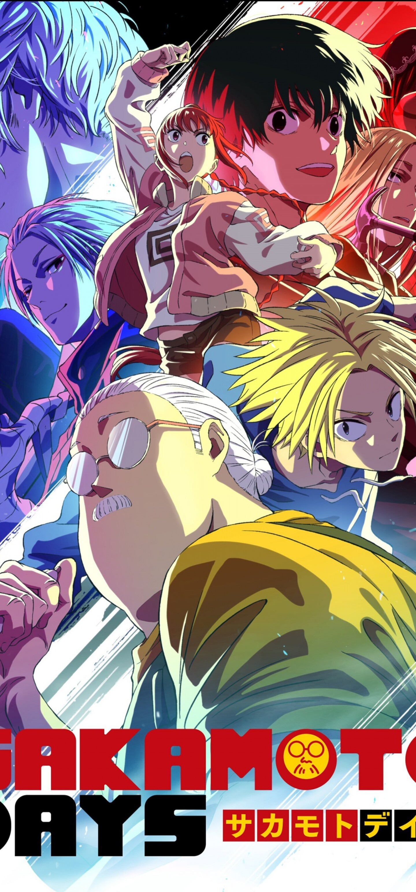 Key art of Taro Sakamoto, Shin Asakura, and Yoichi Nagumo from the Sakamoto Days series.