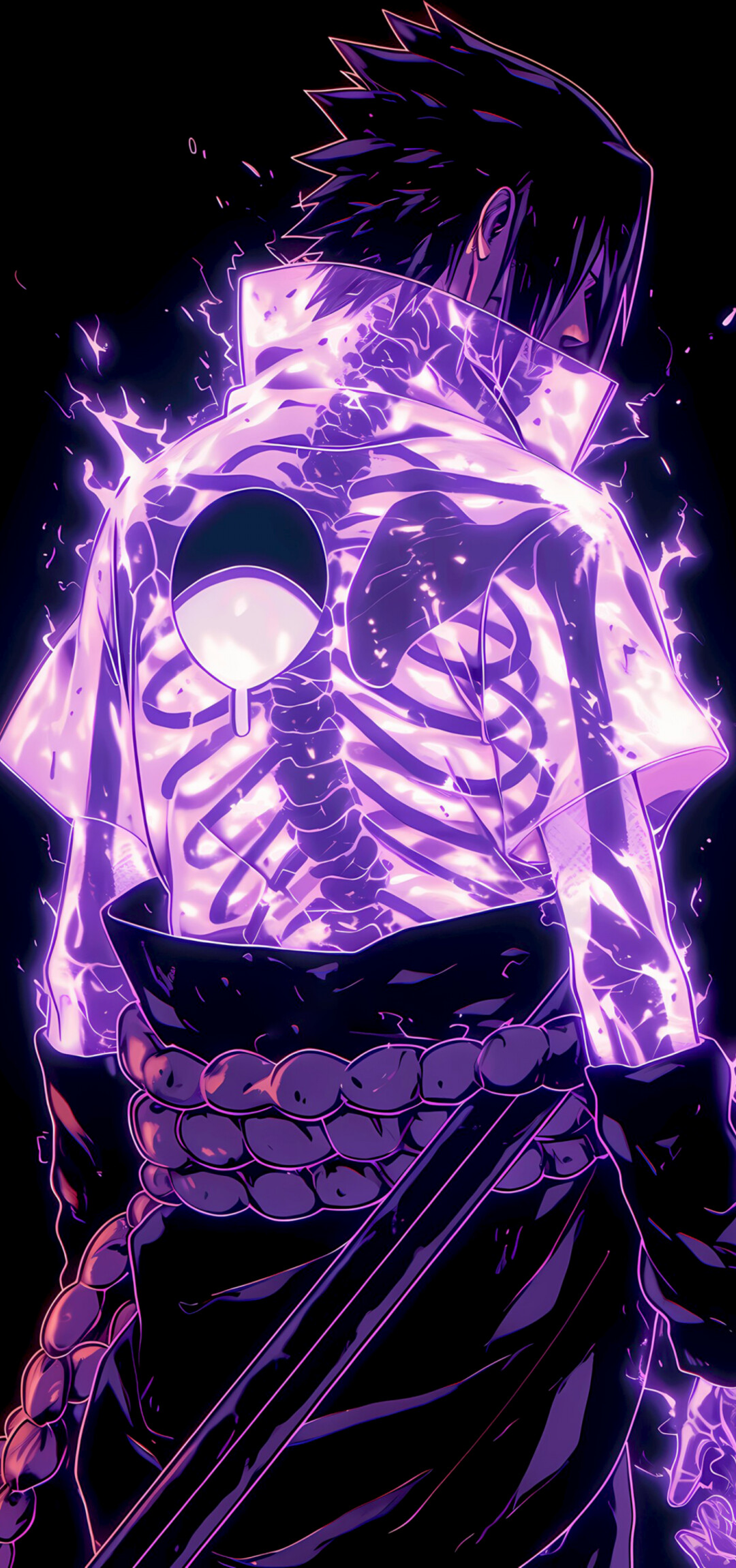 Sasuke Uchiha from Naruto with neon purple glow on a black background