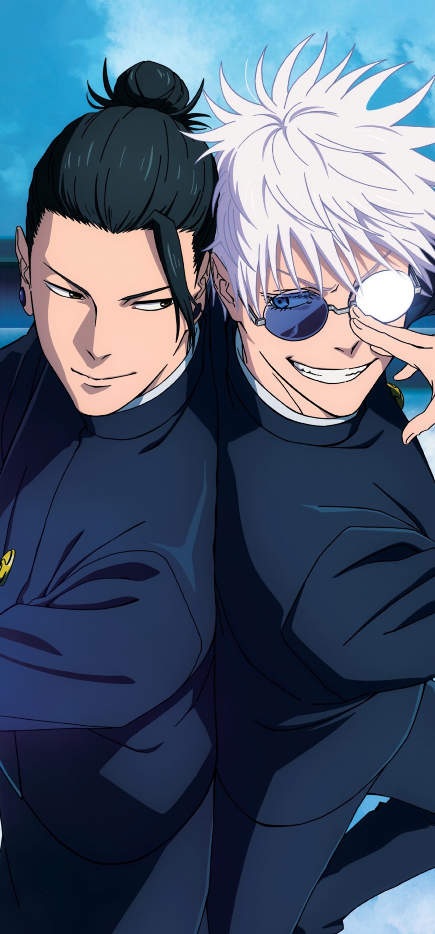 A cinematic anime movie scene featuring Satoru Gojo and Suguru Geto from Jujutsu Kaisen.