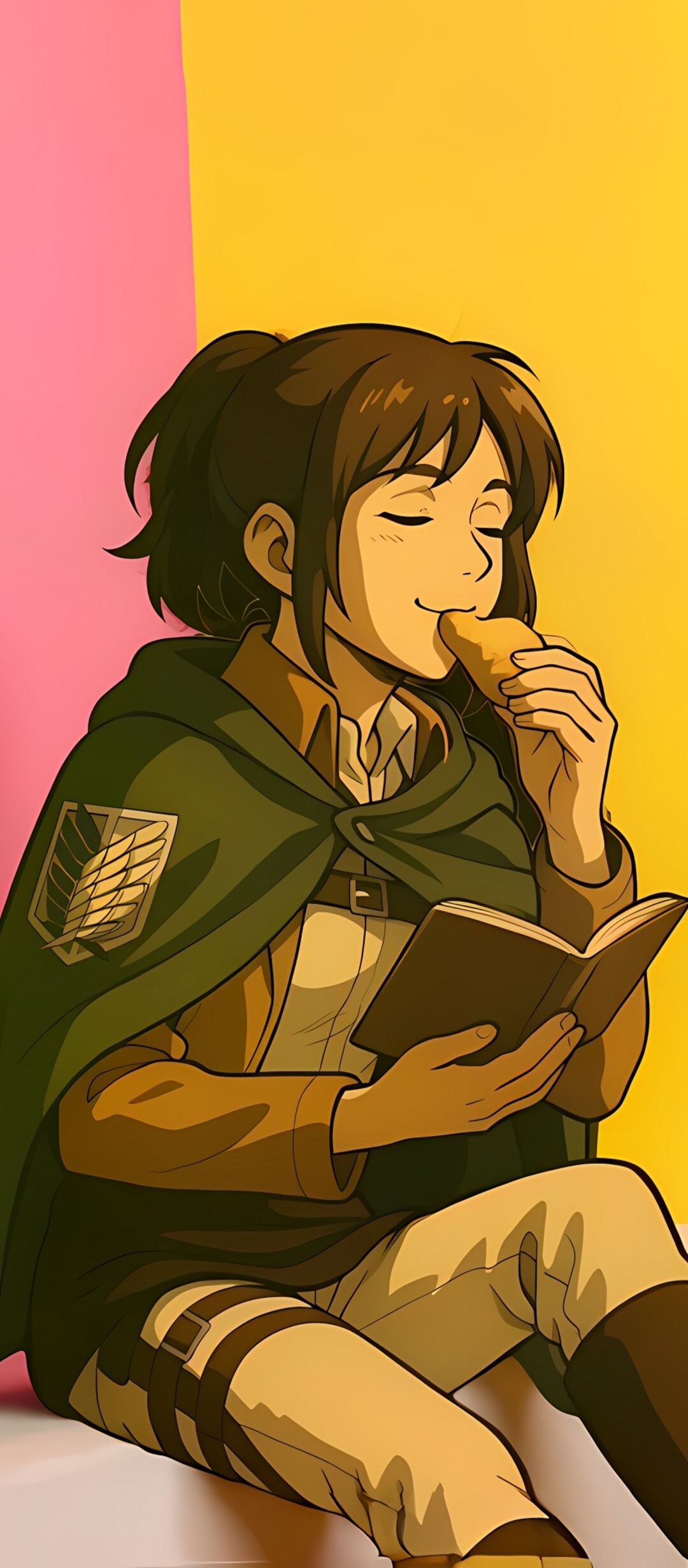 Anime girl from Attack on Titan relaxing, eating, and reading a book with a colorful background.