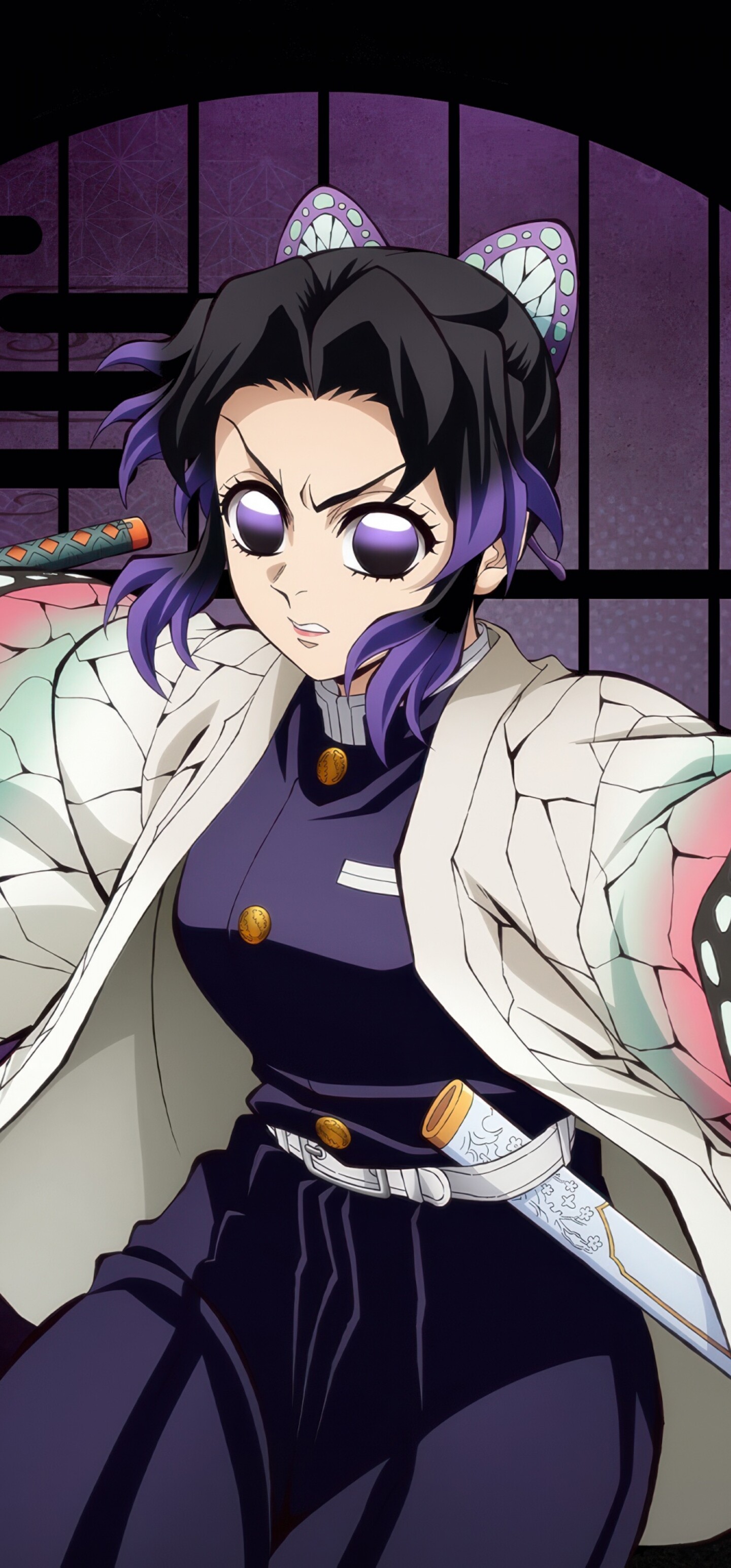A high-resolution anime portrait of Shinobu Kocho from Demon Slayer: Kimetsu No Yaiba set against a solid black background.