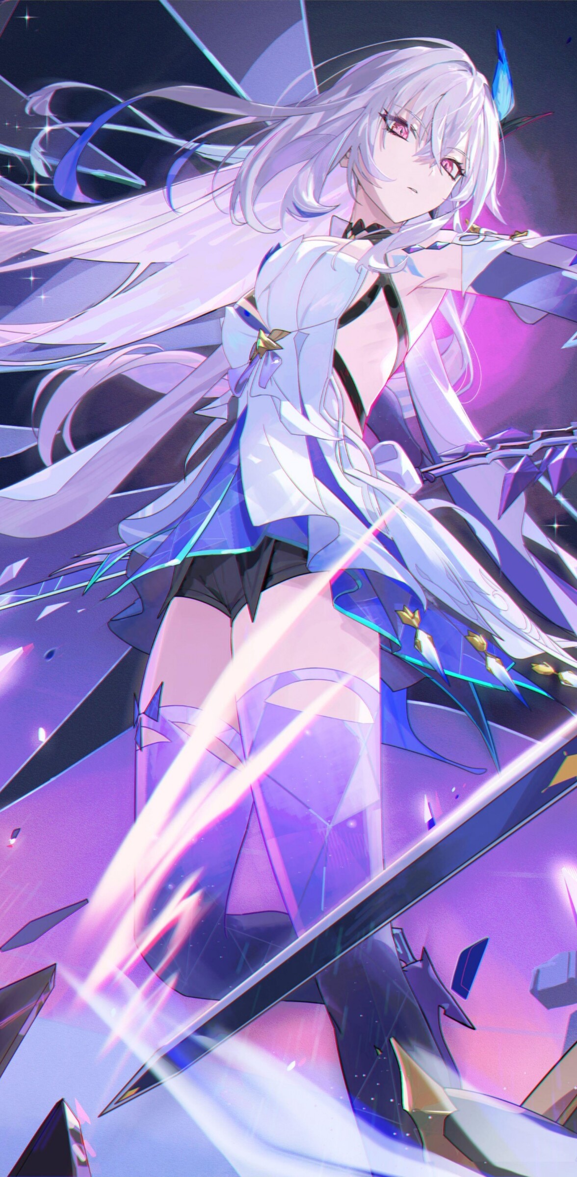 Skirk and Aether from Genshin Impact standing in a highly detailed cosmic and abyssal environment.