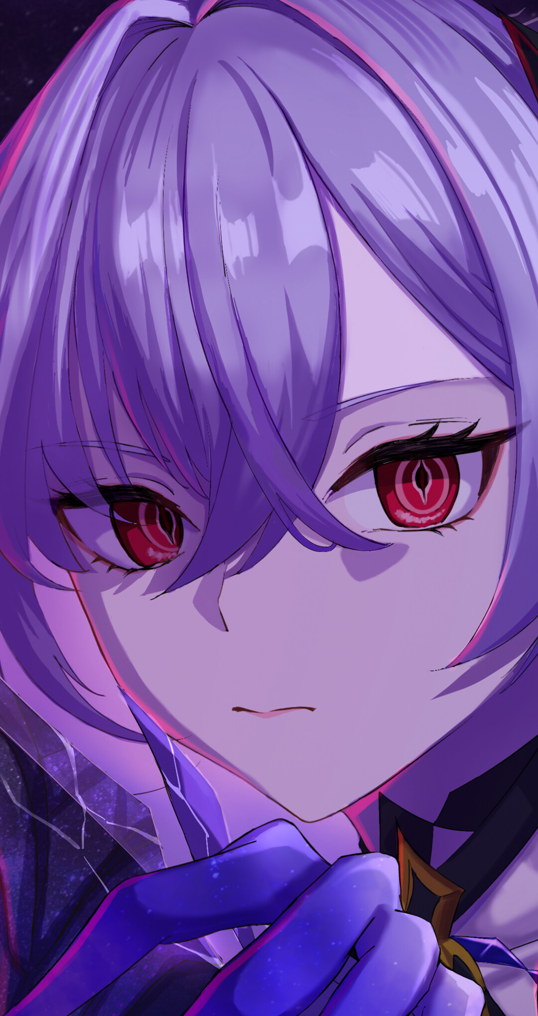 Skirk from Genshin Impact featuring purple hair, red eyes, and crystalline elements against a dark background.