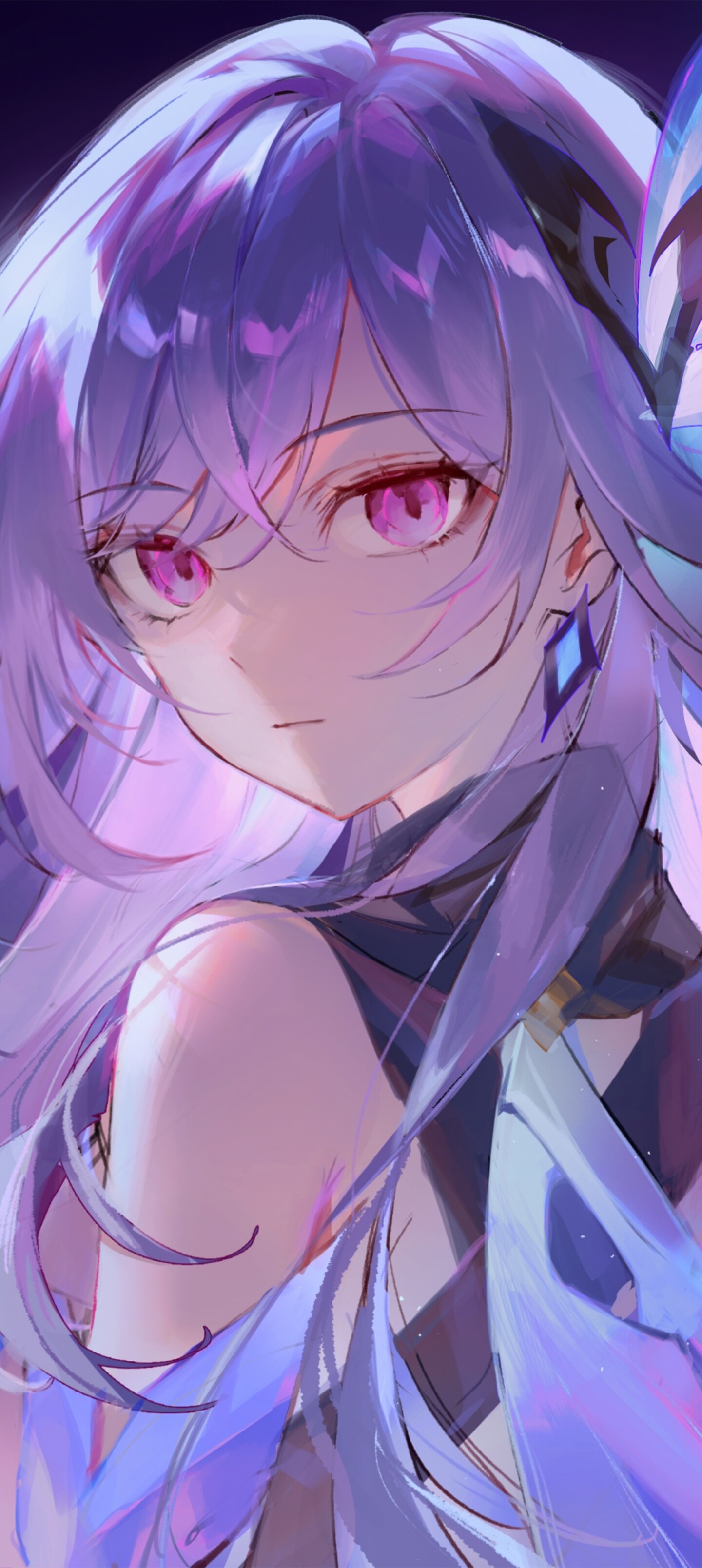 Skirk from Genshin Impact with purple hair and purple eyes surrounded by ethereal stars and cosmic energy.