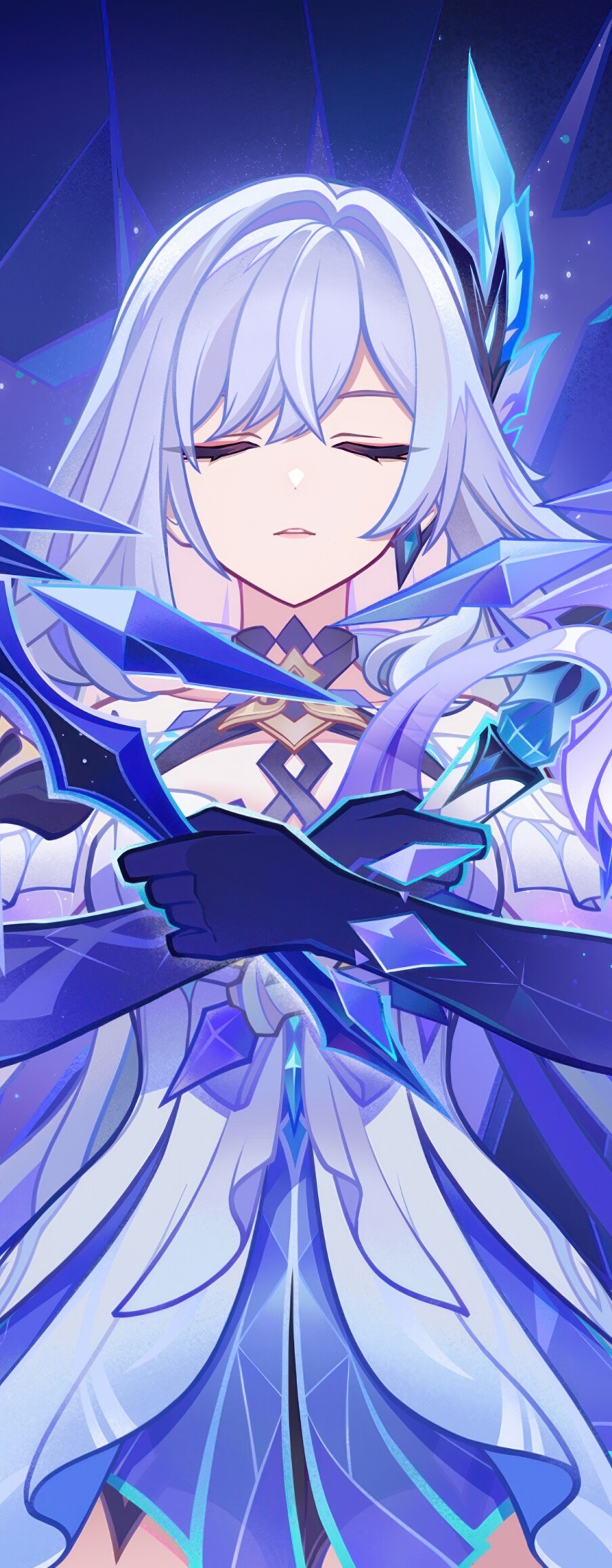 Skirk from Genshin Impact as an anime warrior amidst a shattered blue aesthetic.