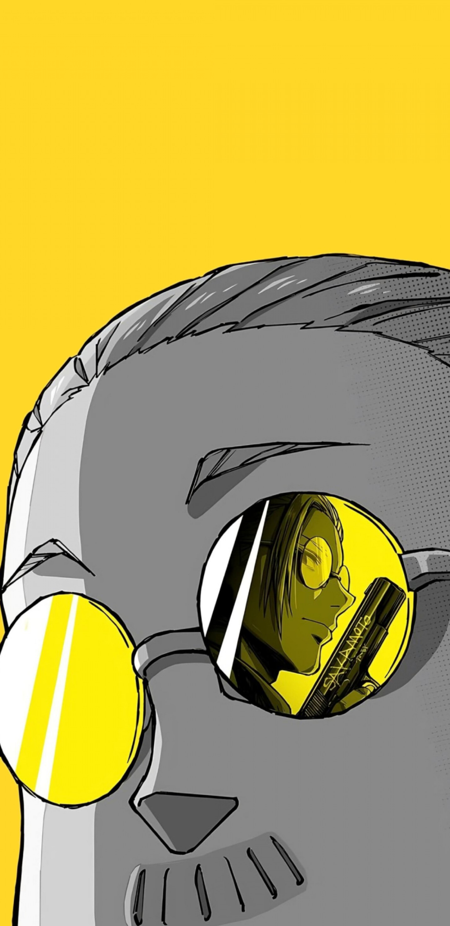 A minimalist portrait of Taro Sakamoto from the manga Sakamoto Days against a bright yellow background.