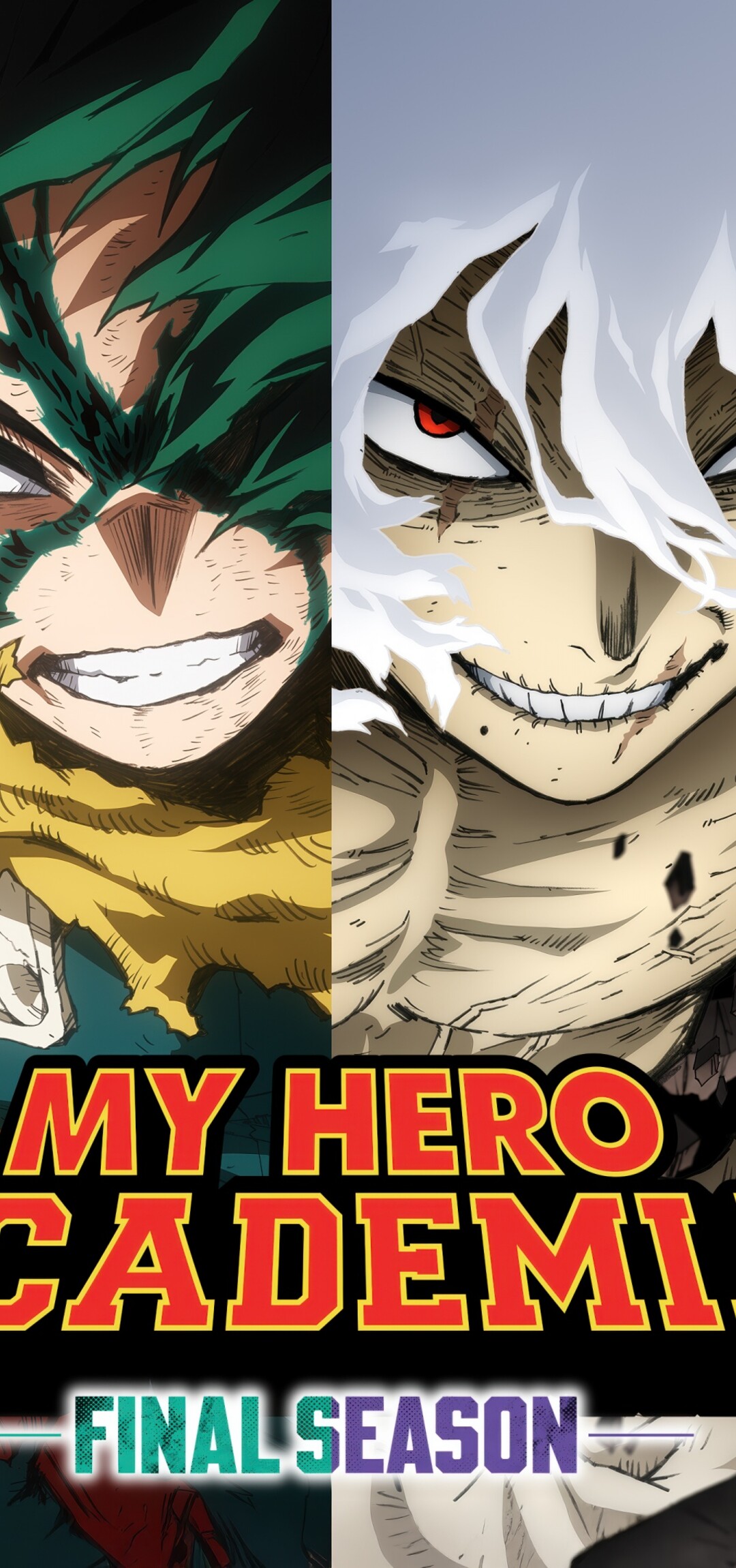A high-detail cinematic battle scene featuring Izuku Midoriya and Tomura Shigaraki from the My Hero Academia anime series.