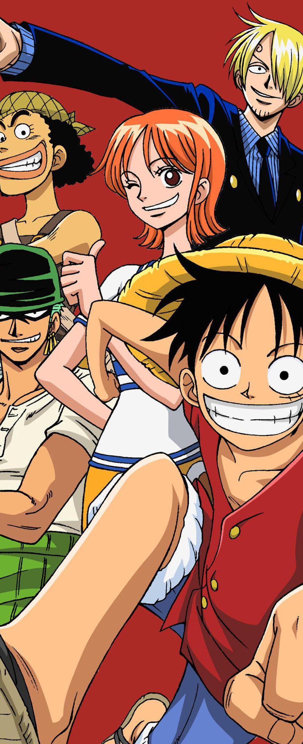 Monkey D. Luffy, Roronoa Zoro, Nami, Usopp, and Sanji from the One Piece anime series set against a bold red background.