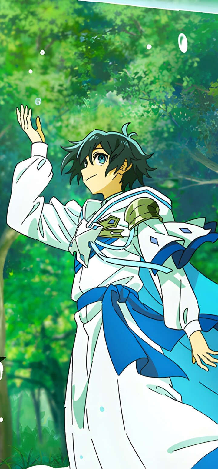A detailed anime-style illustration of a character in a lush, sunlit forest with sunlight streaming through the trees and vibrant greenery.