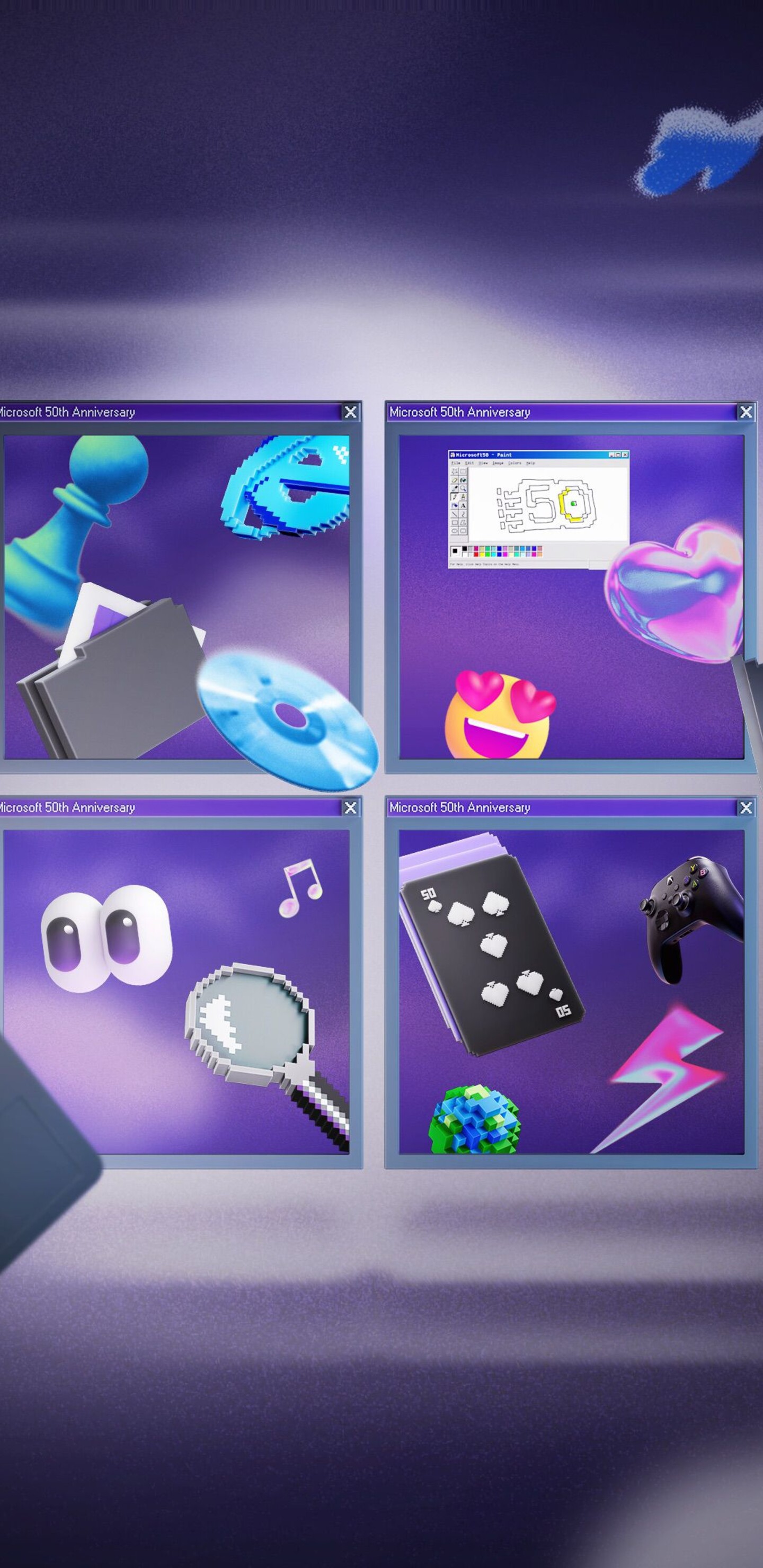 A dark mode pixel art design celebrating the 50th anniversary of Microsoft Windows, featuring vintage MS Paint and Windows XP style elements with pixelated emojis.