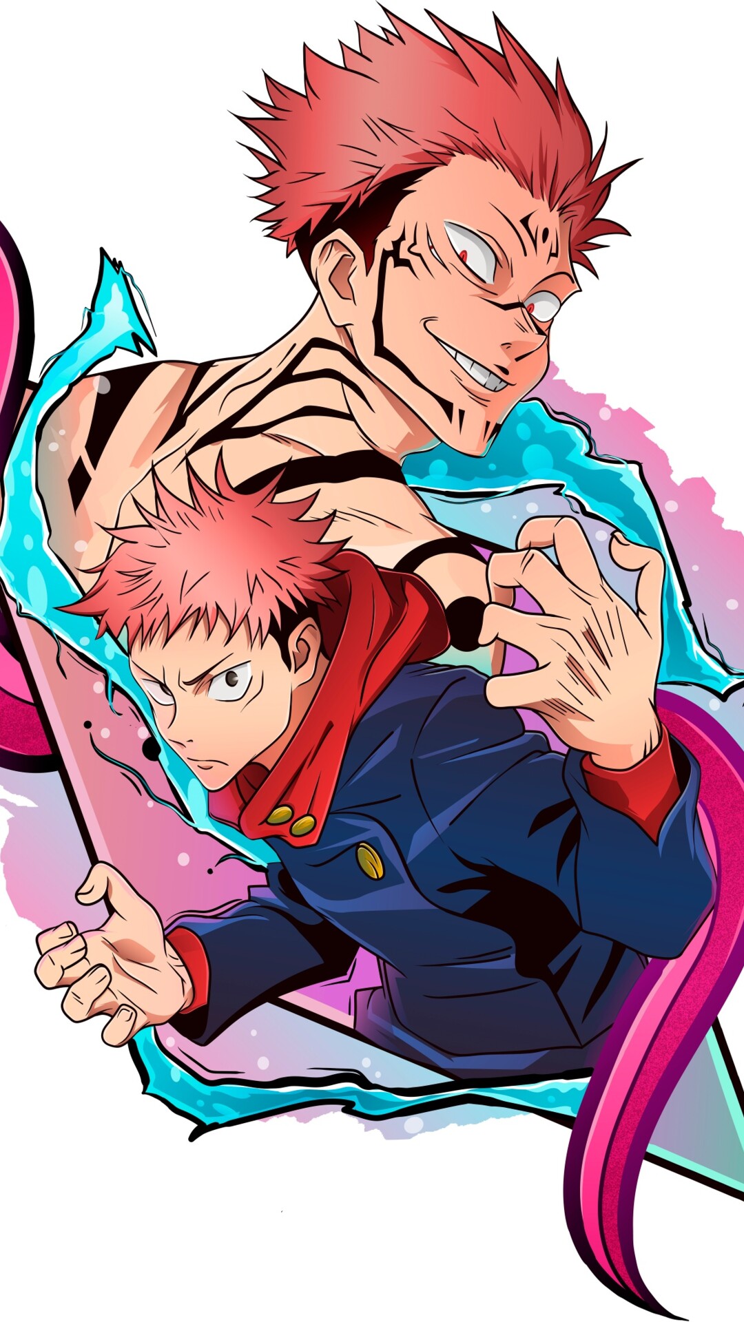 Detailed character illustration of Yuji Itadori from Jujutsu Kaisen on a white background