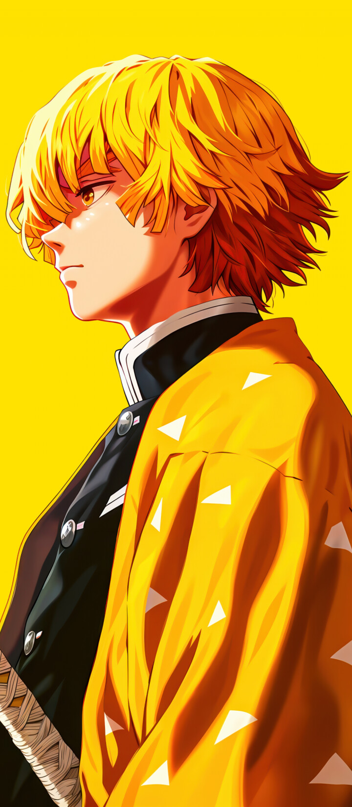 Zenitsu Agatsuma from Demon Slayer: Kimetsu no Yaiba in a yellow monochromatic aesthetic holding a katana.