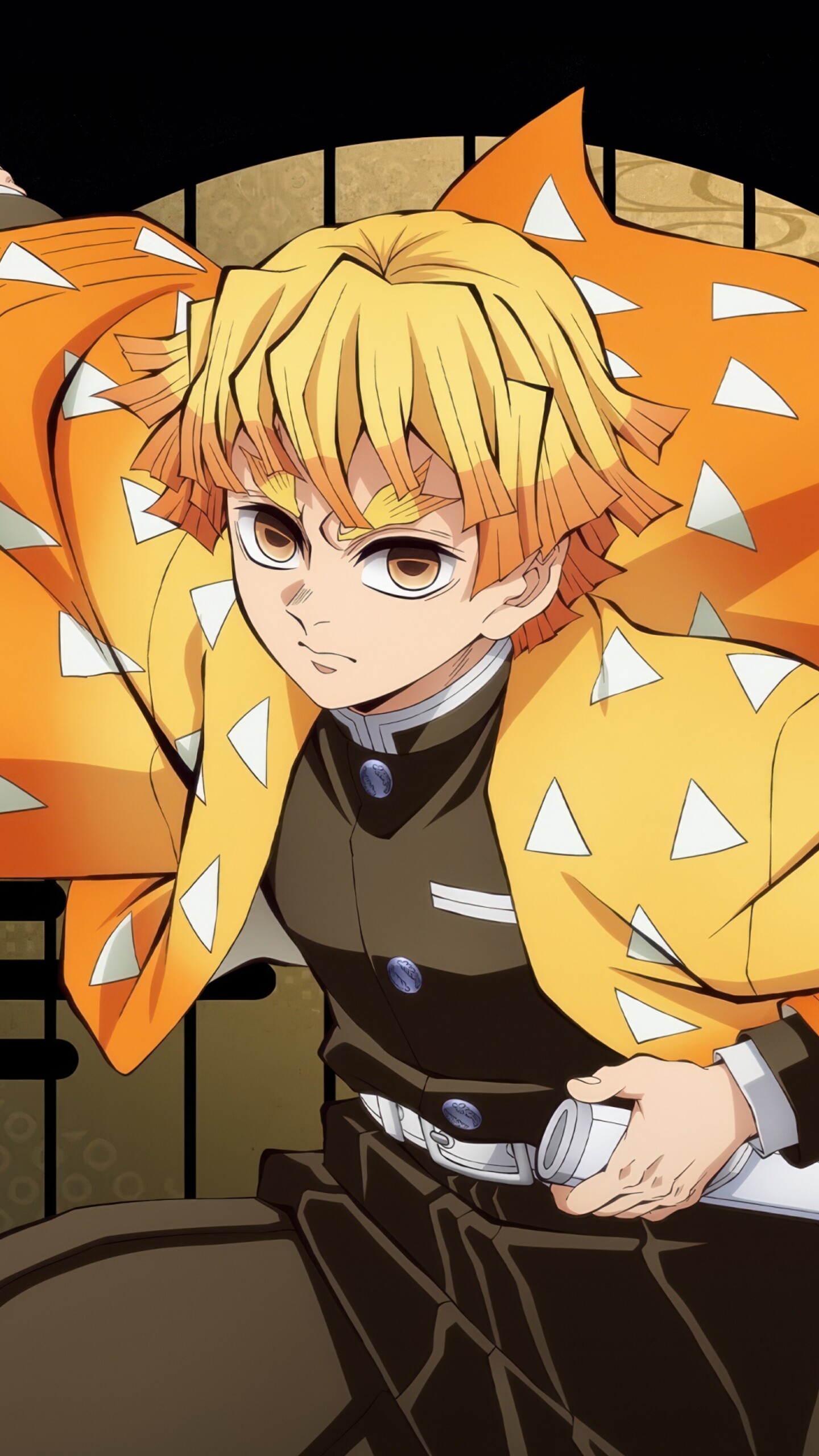 Cinematic anime-style depiction of Zenitsu Agatsuma from Demon Slayer: Kimetsu No Yaiba against a black background.