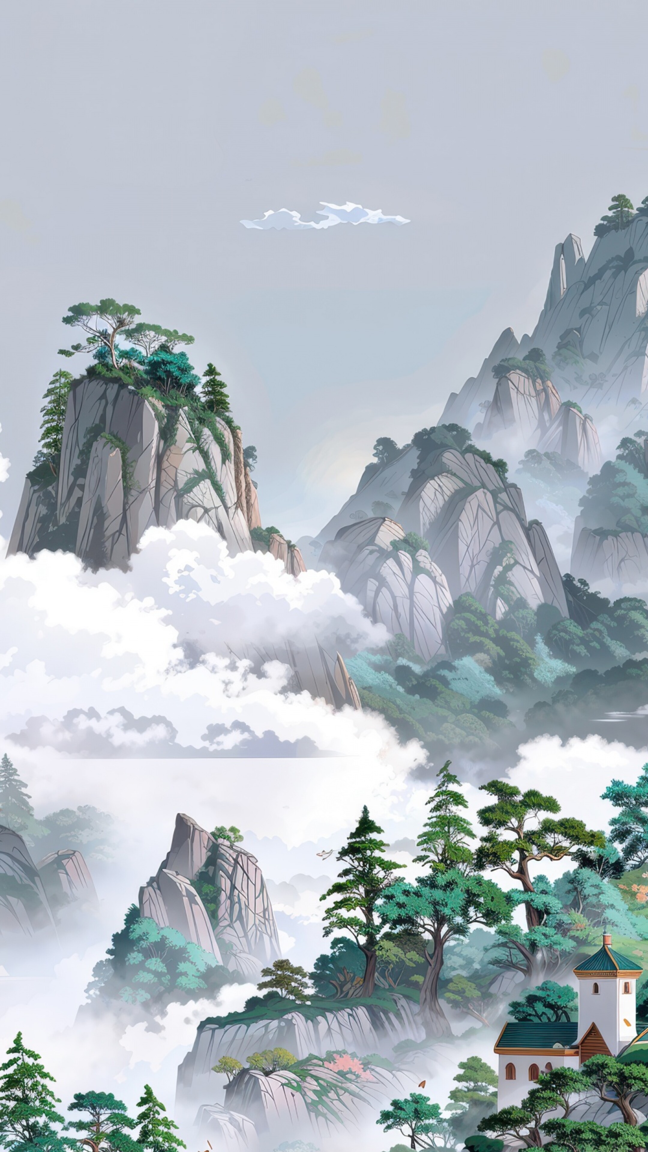 A majestic Asian temple nestled among high mountain peaks and dense clouds in a surreal fantasy setting.