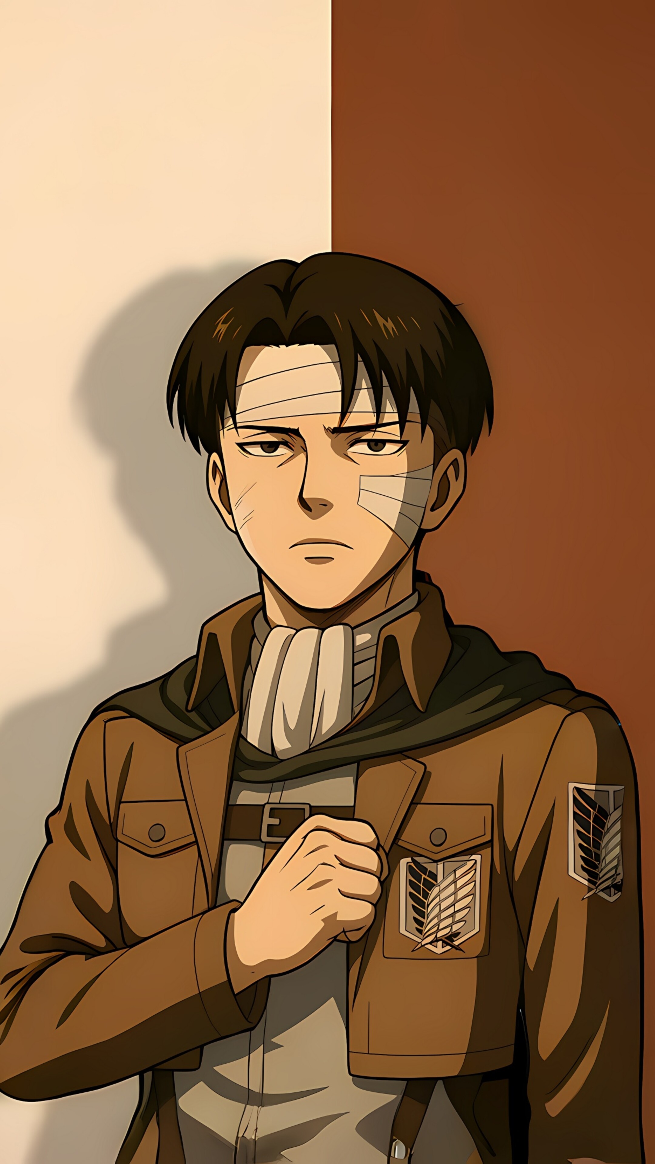 A minimalist high-resolution portrait of Levi Ackerman from Attack on Titan wearing the Survey Corps uniform.