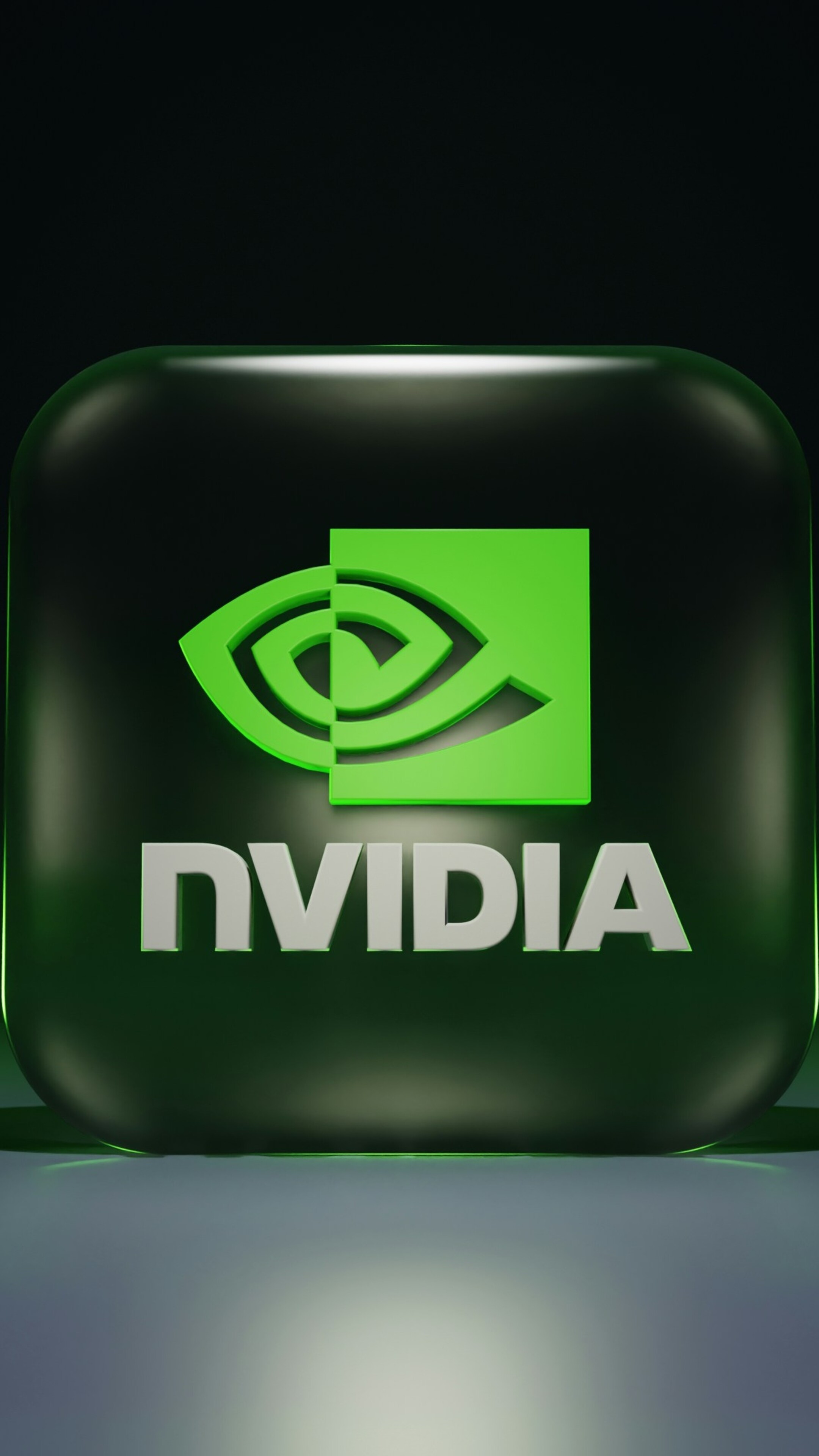 The Nvidia logo in signature green color displayed on a dark, textured background.