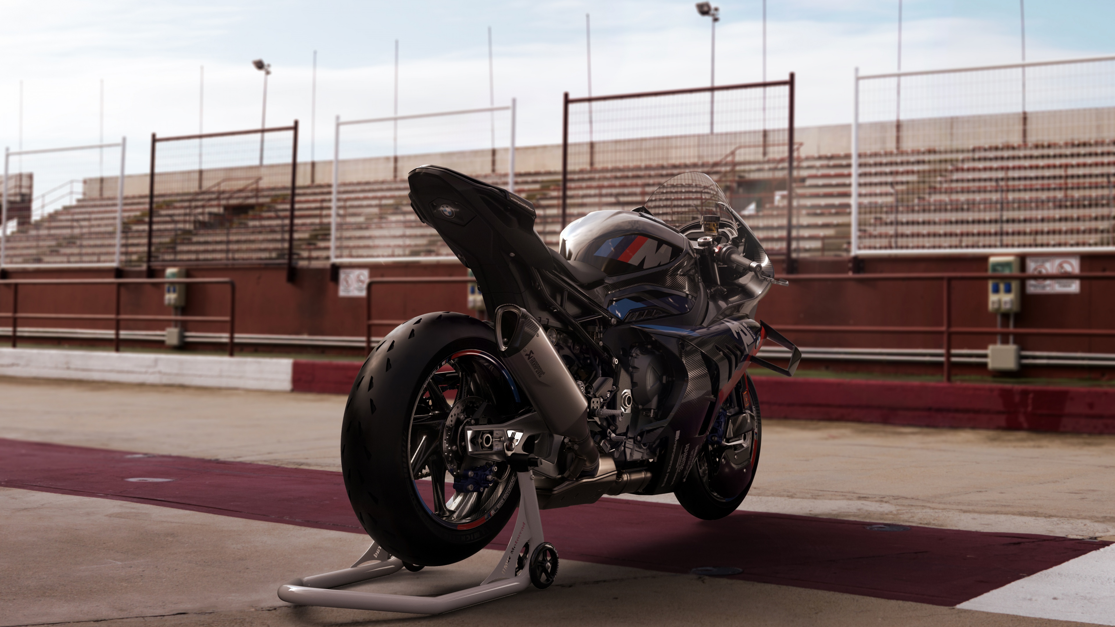 A detailed close-up of the 2023 BMW M 1000 RR sport motorcycle featuring its aerodynamic bodywork.