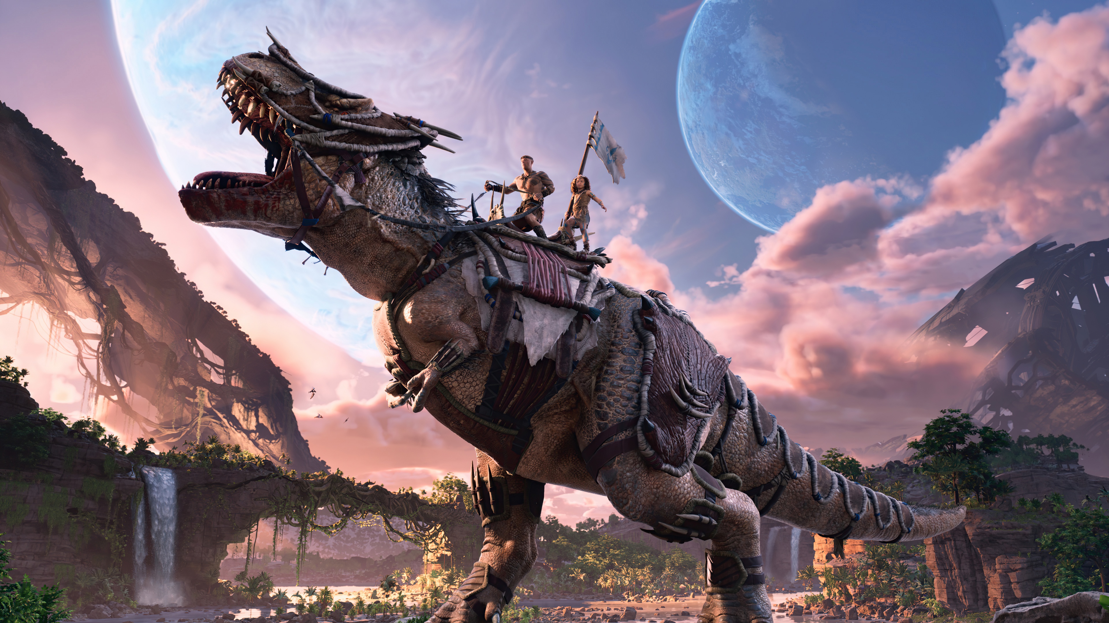 A high-detail 5K cinematic shot of characters Santiago and Meeka from the game ARK 2.