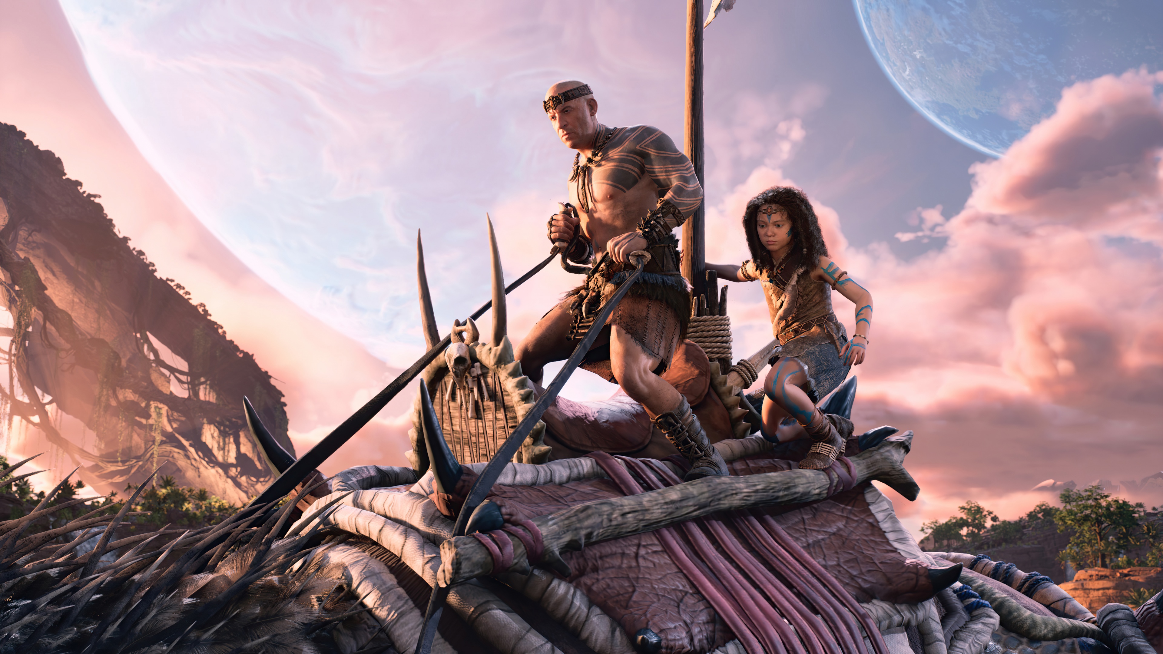 A high-detail cinematic scene from the game ARK 2 featuring characters Santiago and Meeka.