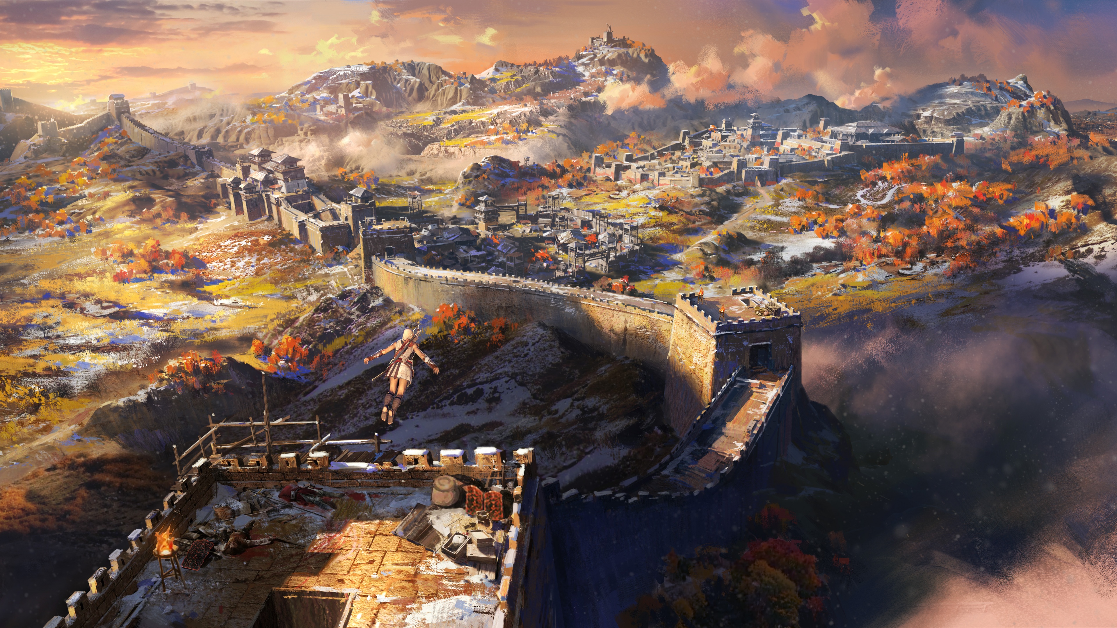 A cinematic close-up of the assassin character from Assassin's Creed Jade prepared for stealth in an ancient Chinese environment.