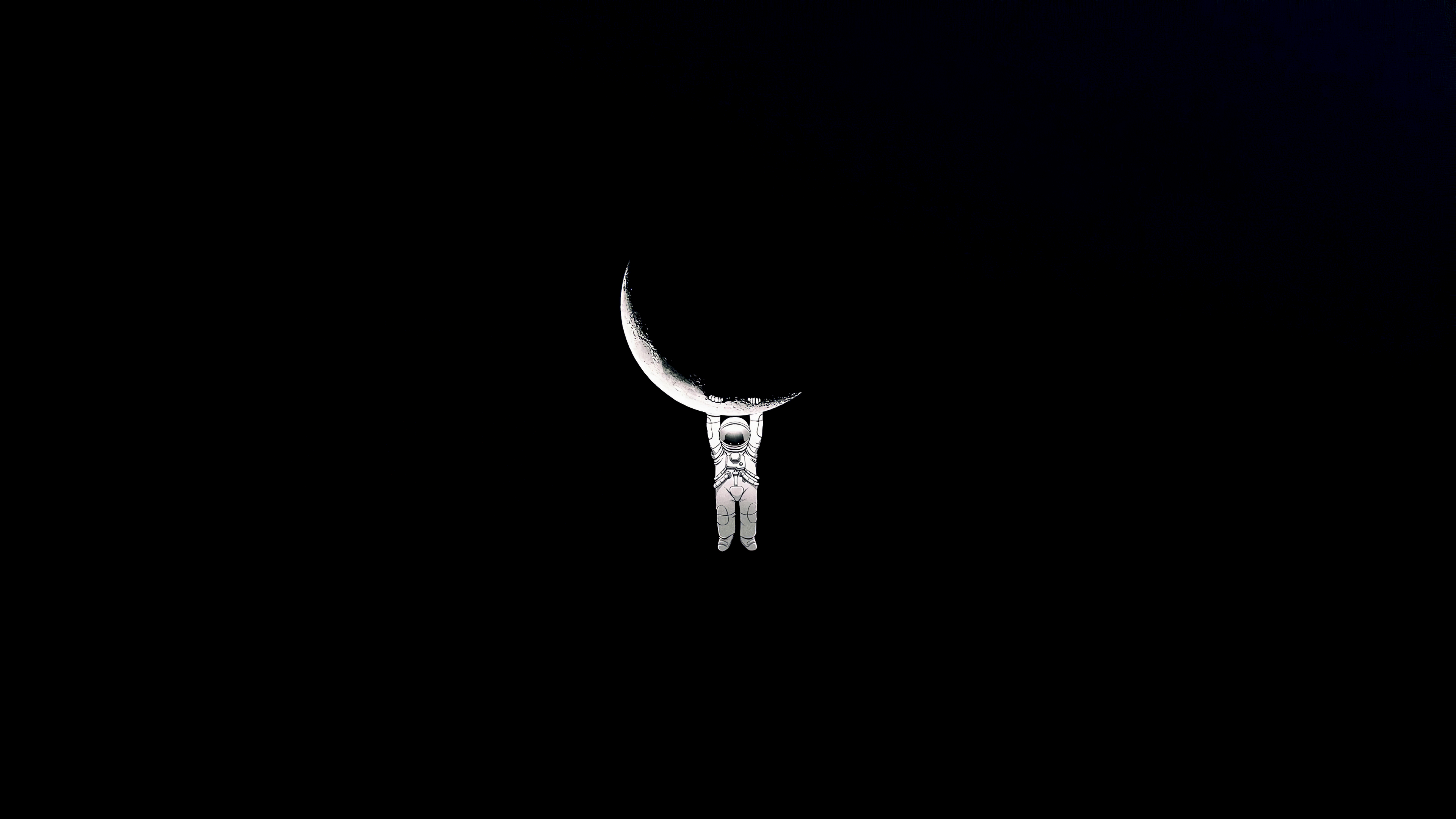 An astronaut hanging from a luminous crescent moon against a deep black background.