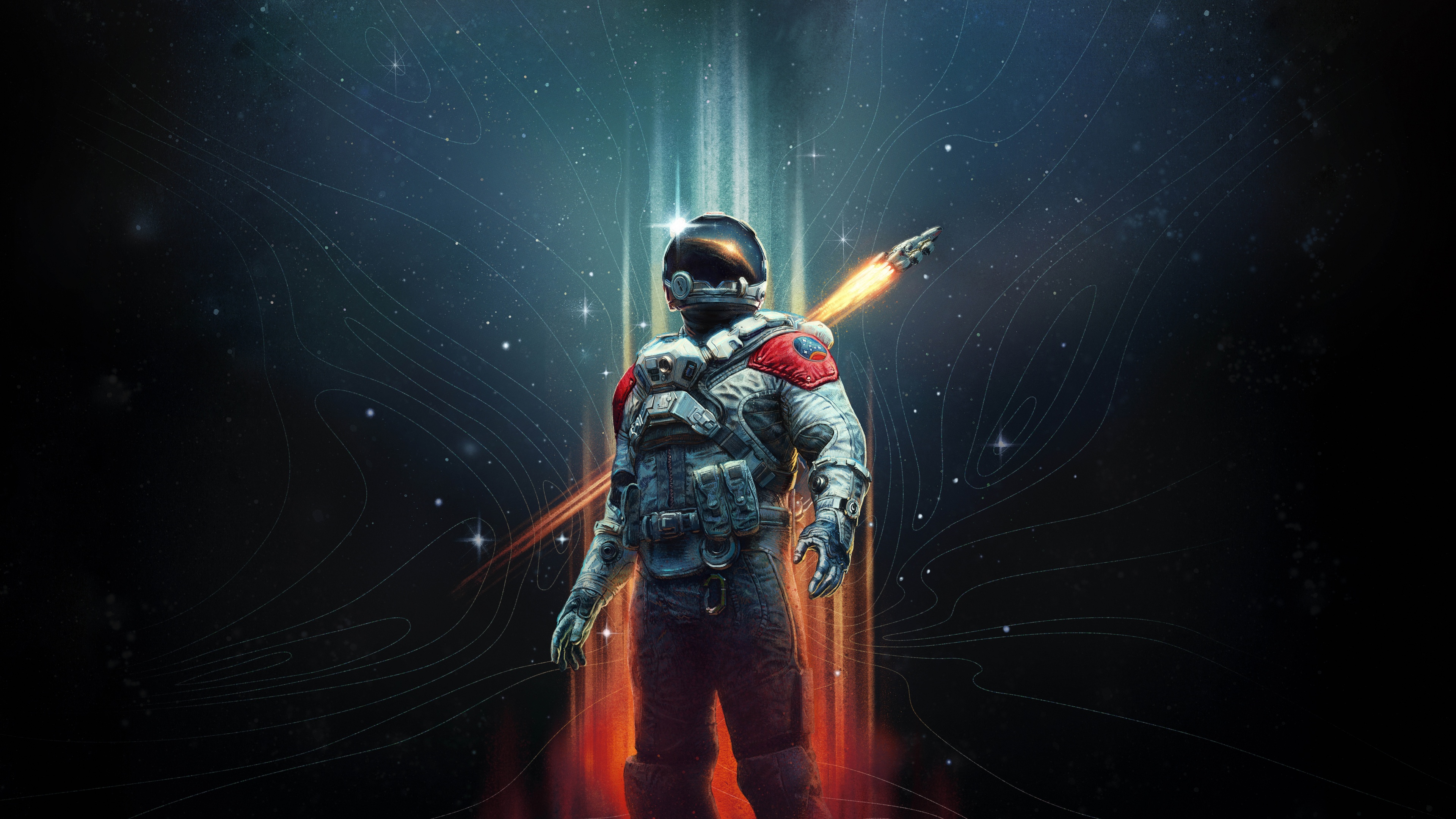 A detailed astronaut in a white space suit floating in a dense field of bright stars and cosmic nebulae.