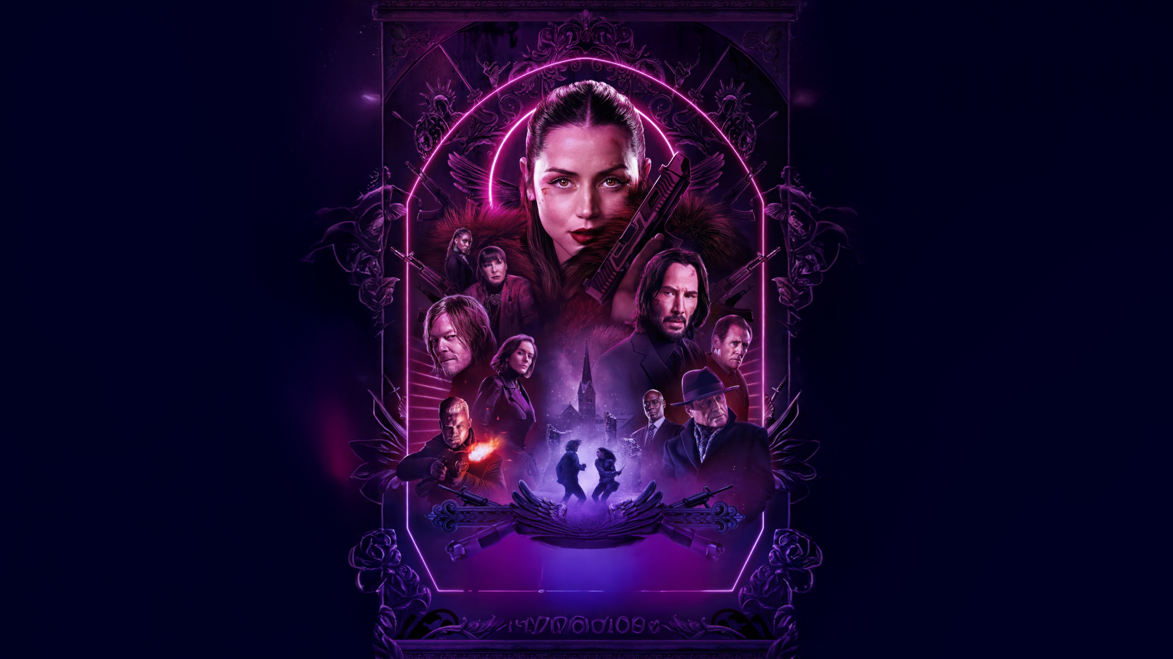 Cinematic movie poster for Ballerina (2025) featuring John Wick and Eve in a dark purple atmospheric setting.