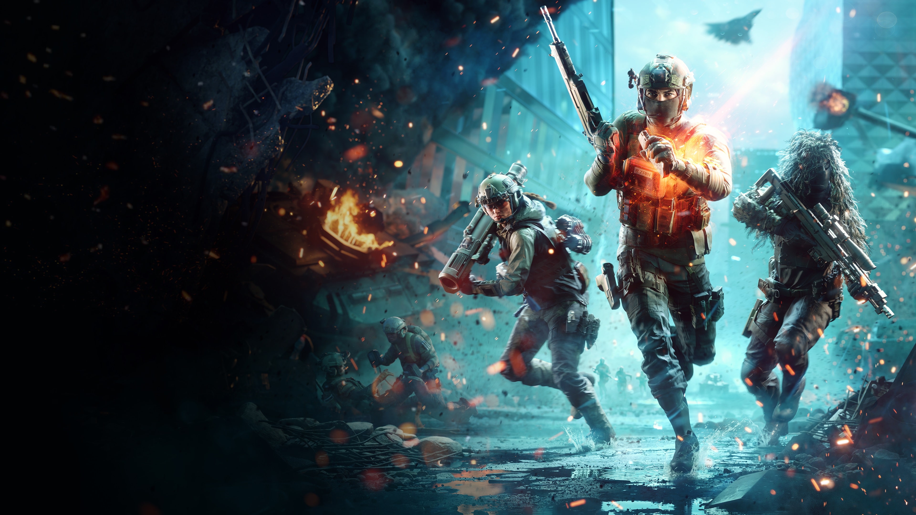 A tactical soldier from Battlefield 2042 navigating a chaotic and smoke-filled combat zone.
