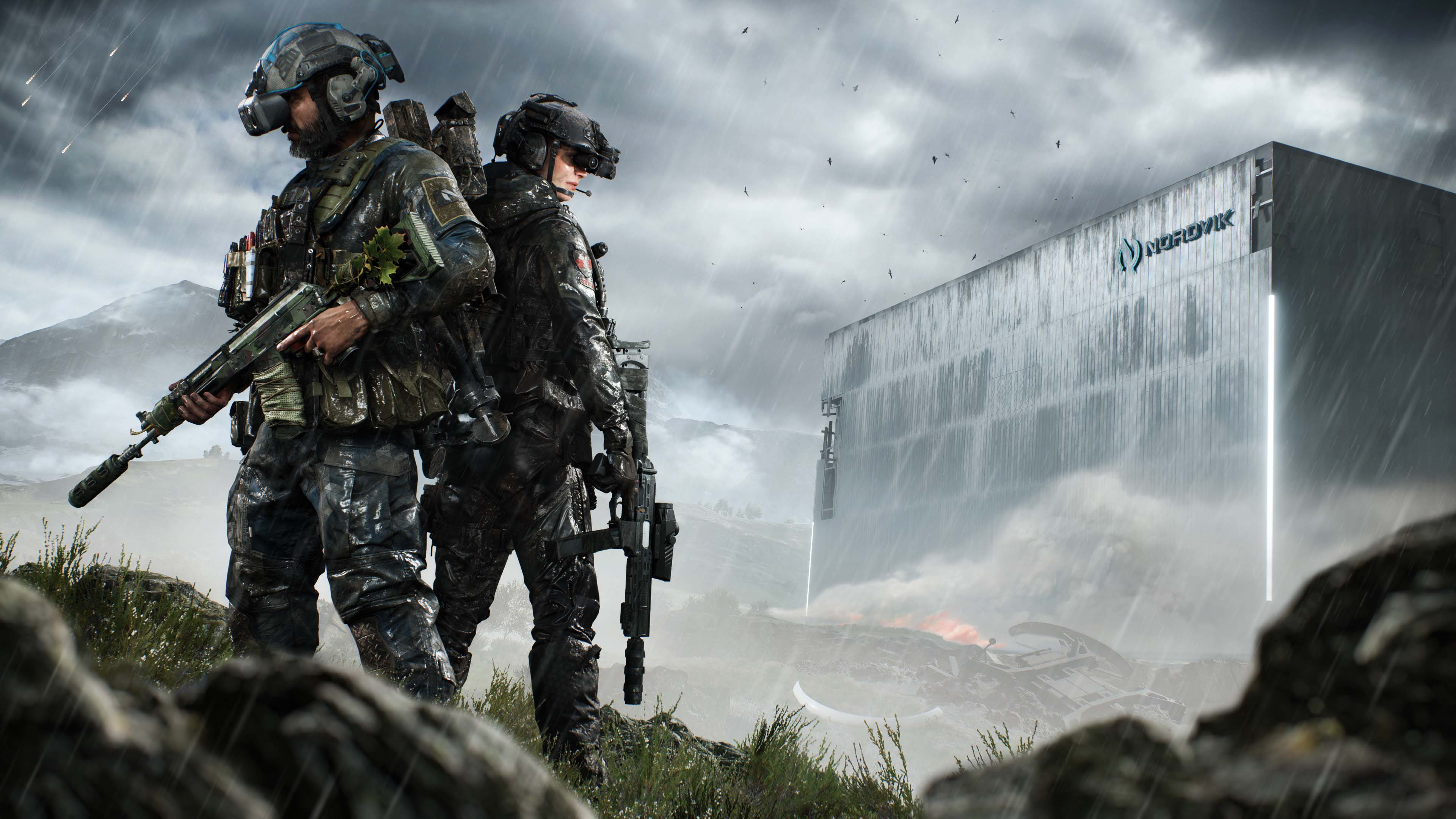 A tactical specialist from Battlefield 2042 moving through a chaotic, debris-filled battlefield during a combat operation.