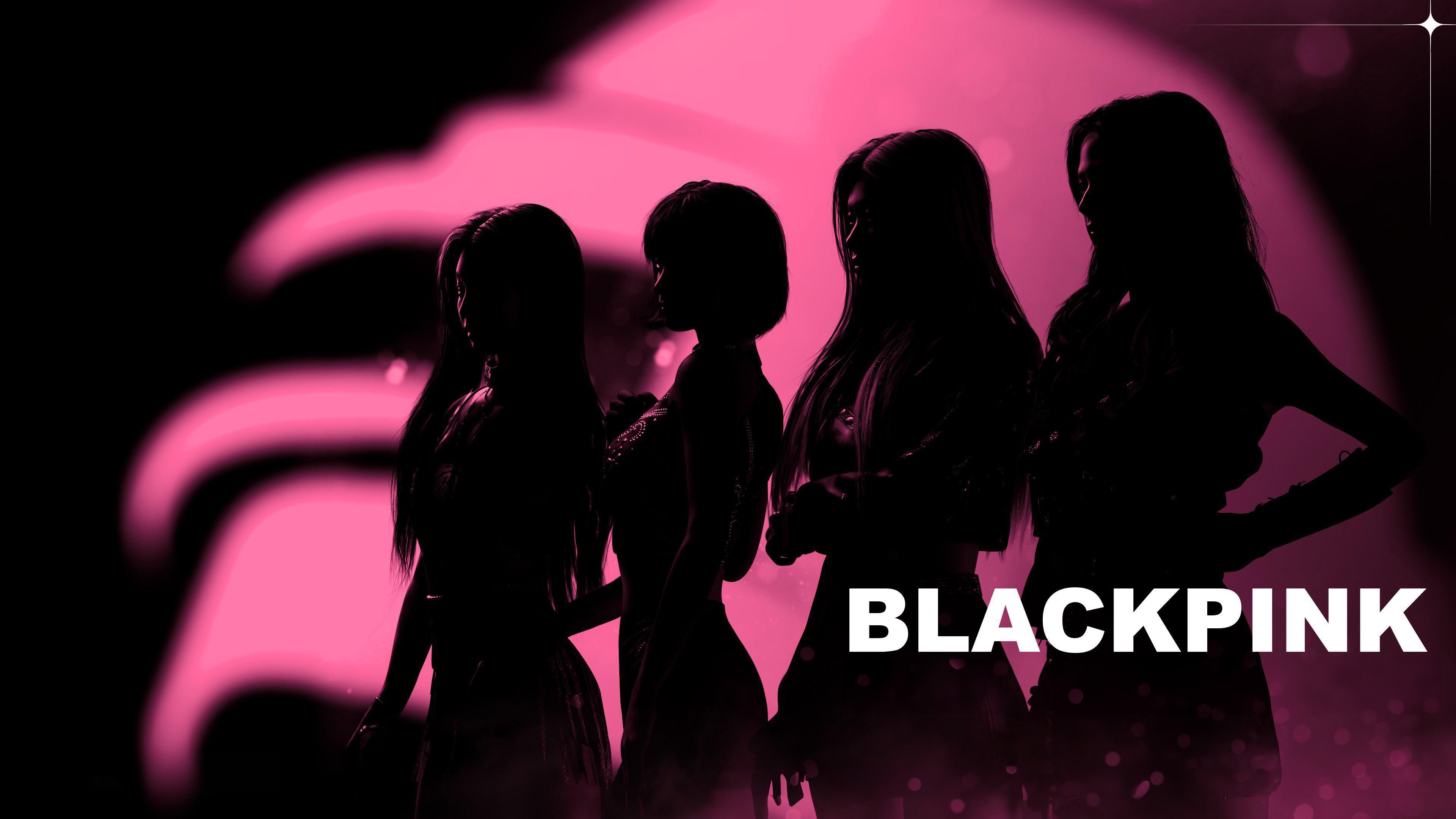 A dark pink aesthetic silhouette of Blackpink members Lisa, Jennie, Jisoo, and Rosé.