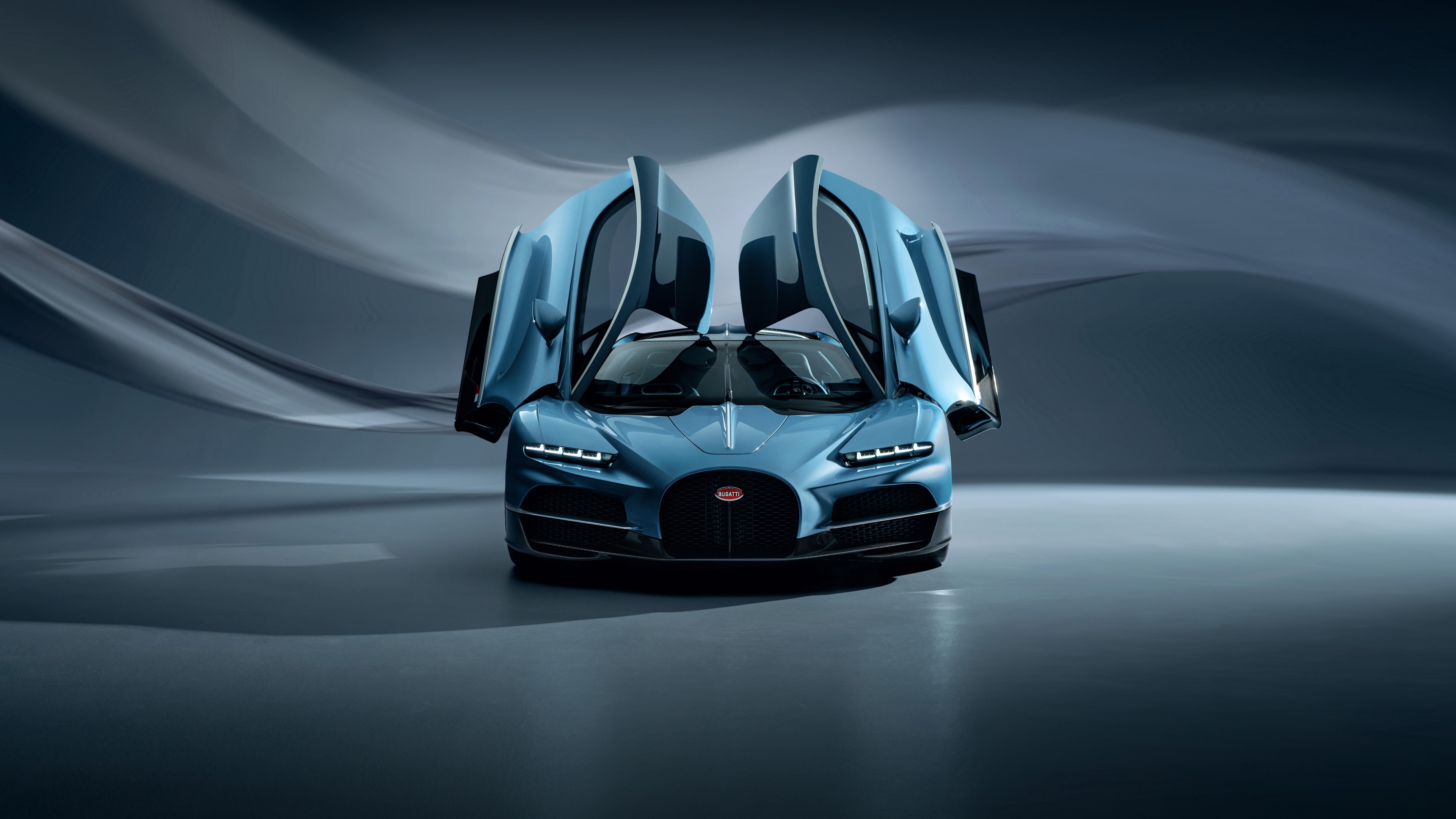 A highly detailed, 5K resolution view of the 2024 Bugatti Tourbillon hypercar, highlighting its sleek aerodynamic body and luxurious finish.