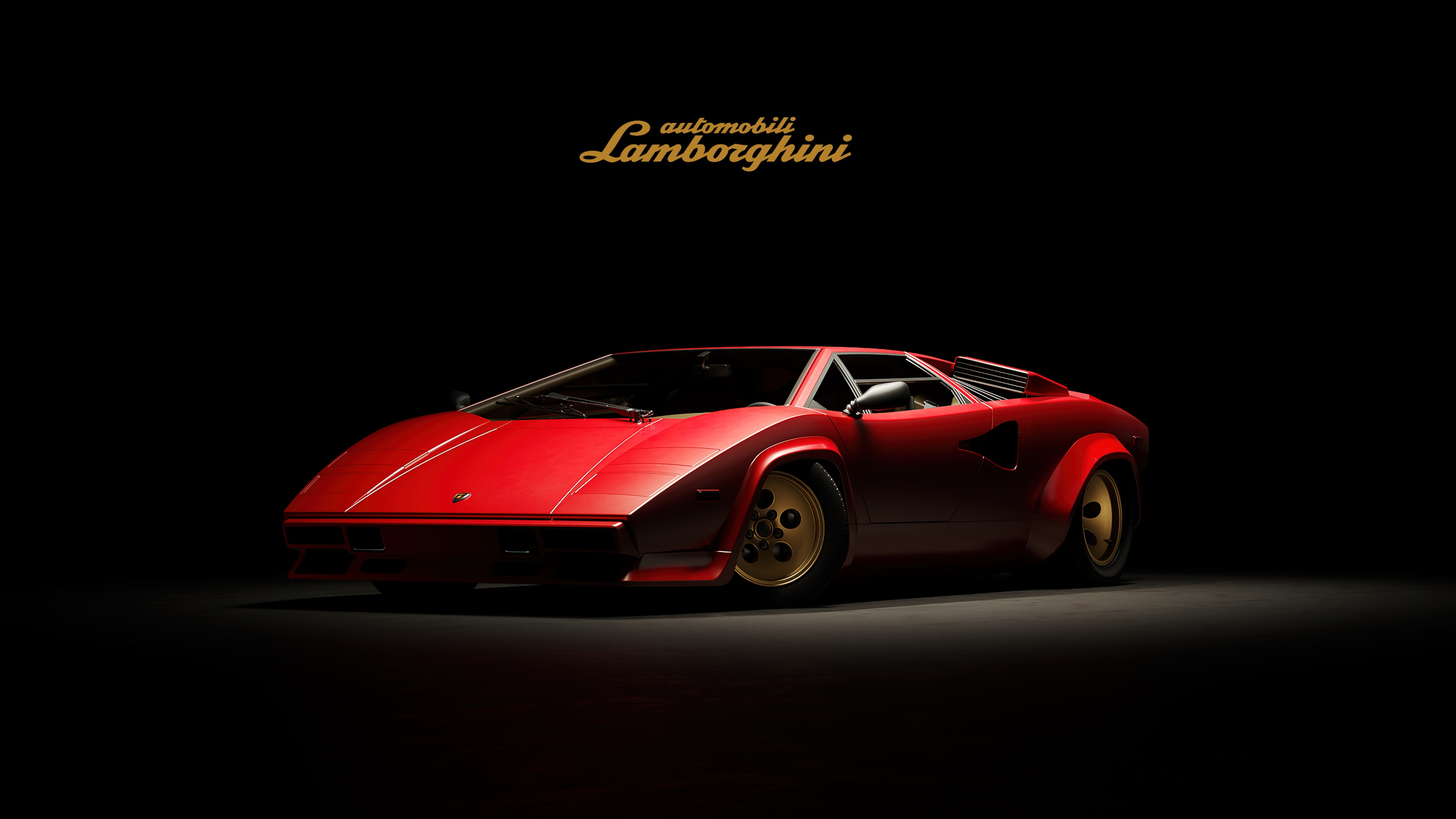 A high-resolution, cinematic shot of a red Lamborghini Countach classic supercar against a dark, moody background.