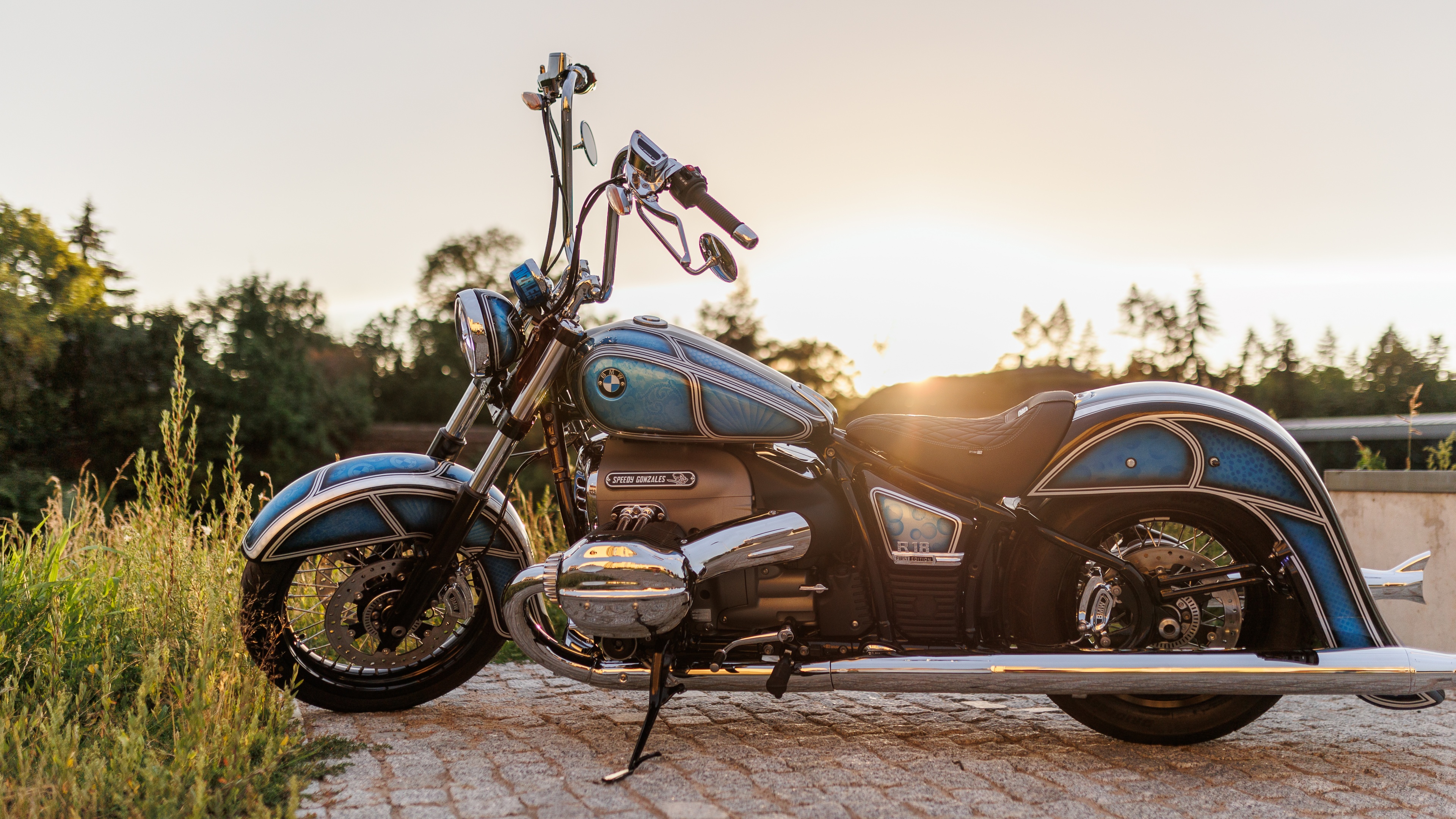 A highly detailed custom 2022 BMW R 18 motorcycle featuring a themed design inspired by Speedy Gonzales from Looney Tunes.