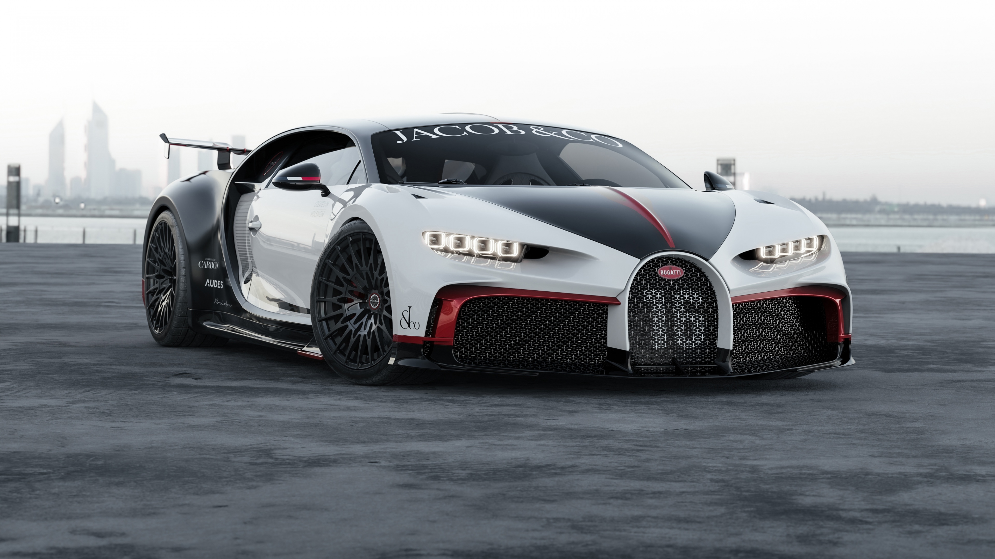 A high-performance custom Bugatti Chiron Pur Sport supercar with unique aerodynamic details and a bespoke paint job.
