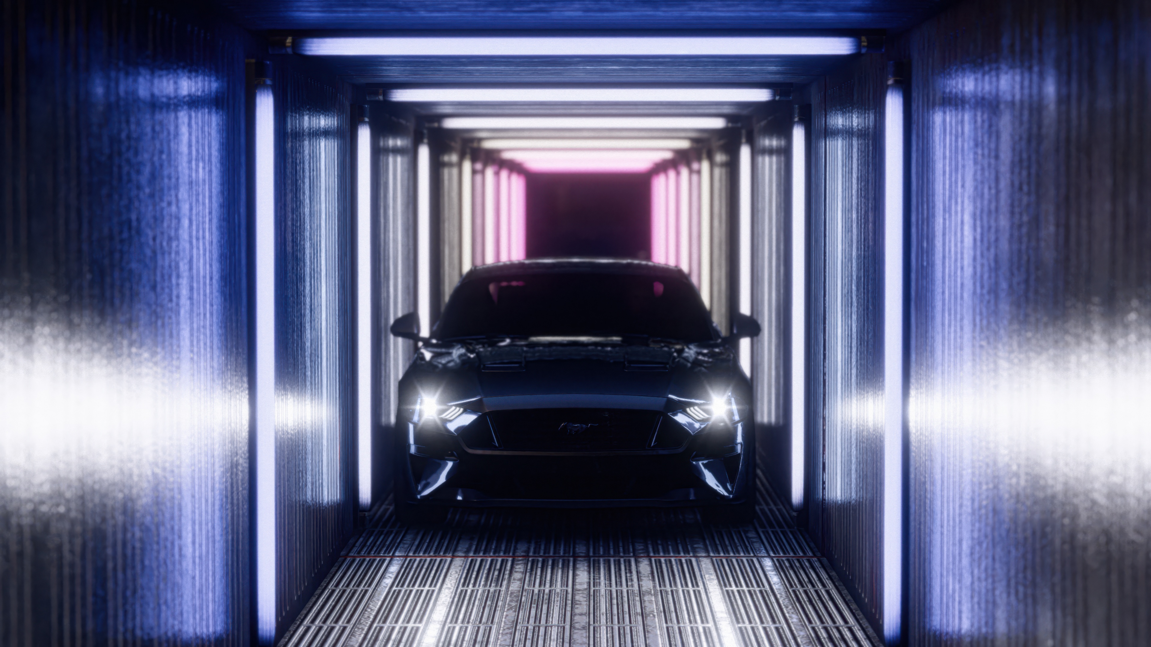 Ford Mustang driving through a futuristic tunnel with bright neon lights, ultra-wide view.