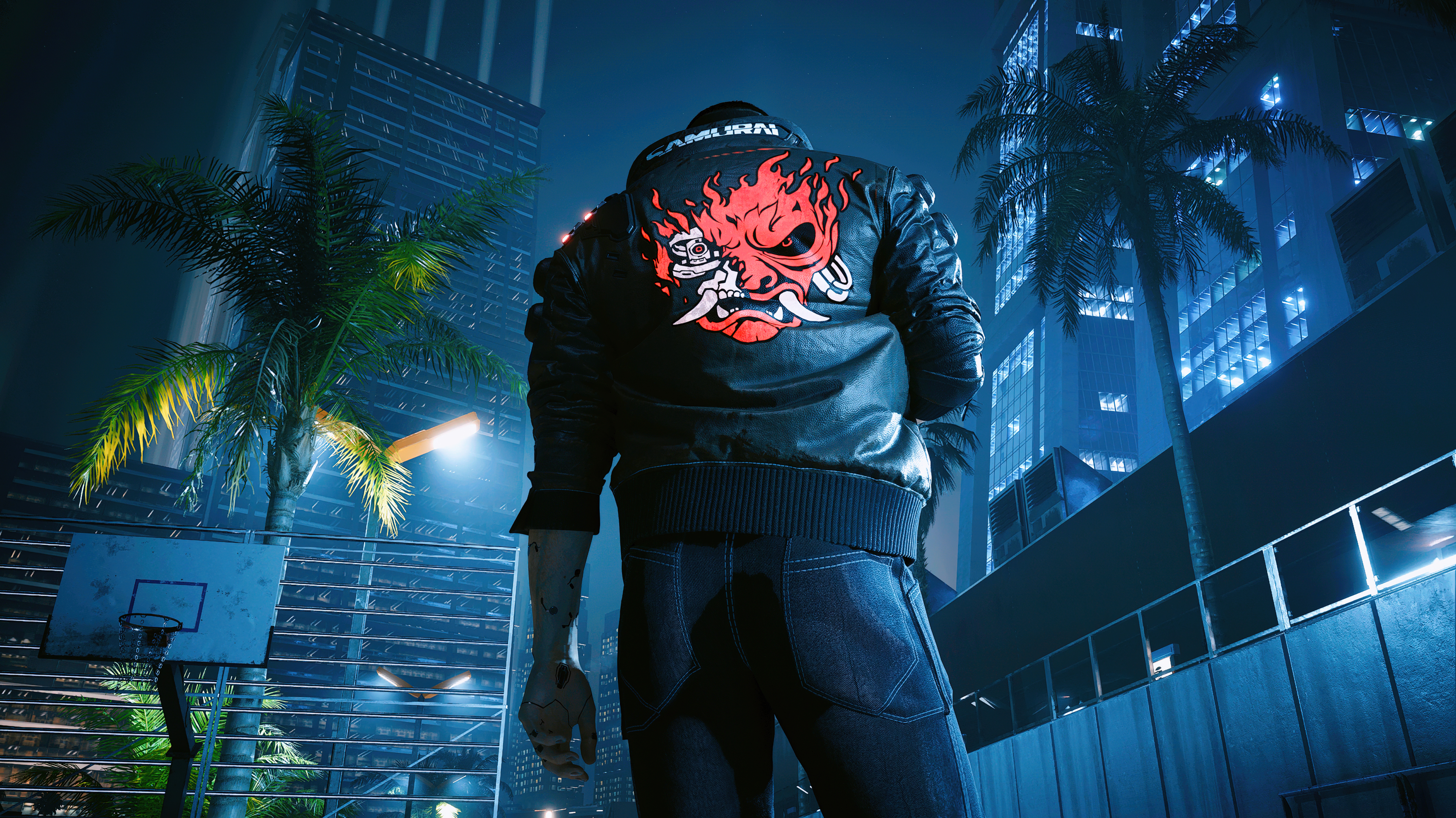A character wearing a black leather jacket with the Samurai emblem from Cyberpunk 2077.