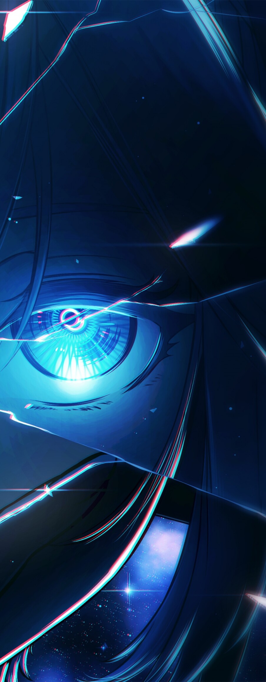 Hatsune Miku from Vocaloid featuring a futuristic cyberpunk anime aesthetic with bright blue eyes and an ultrawide perspective.