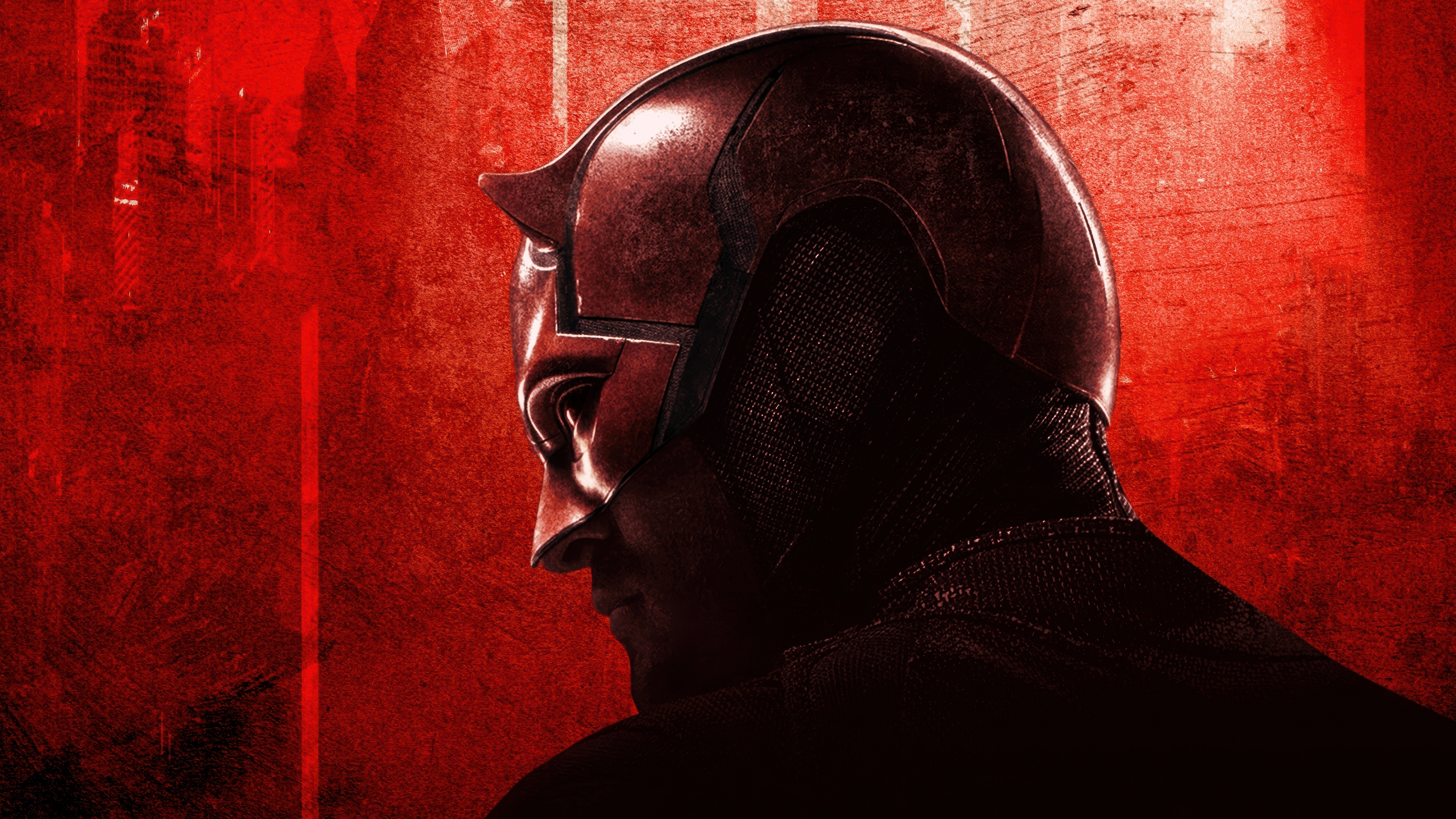 A high-quality poster of Matt Murdock, also known as Daredevil from Marvel Comics, featuring a bold red background inspired by the Born Again series.