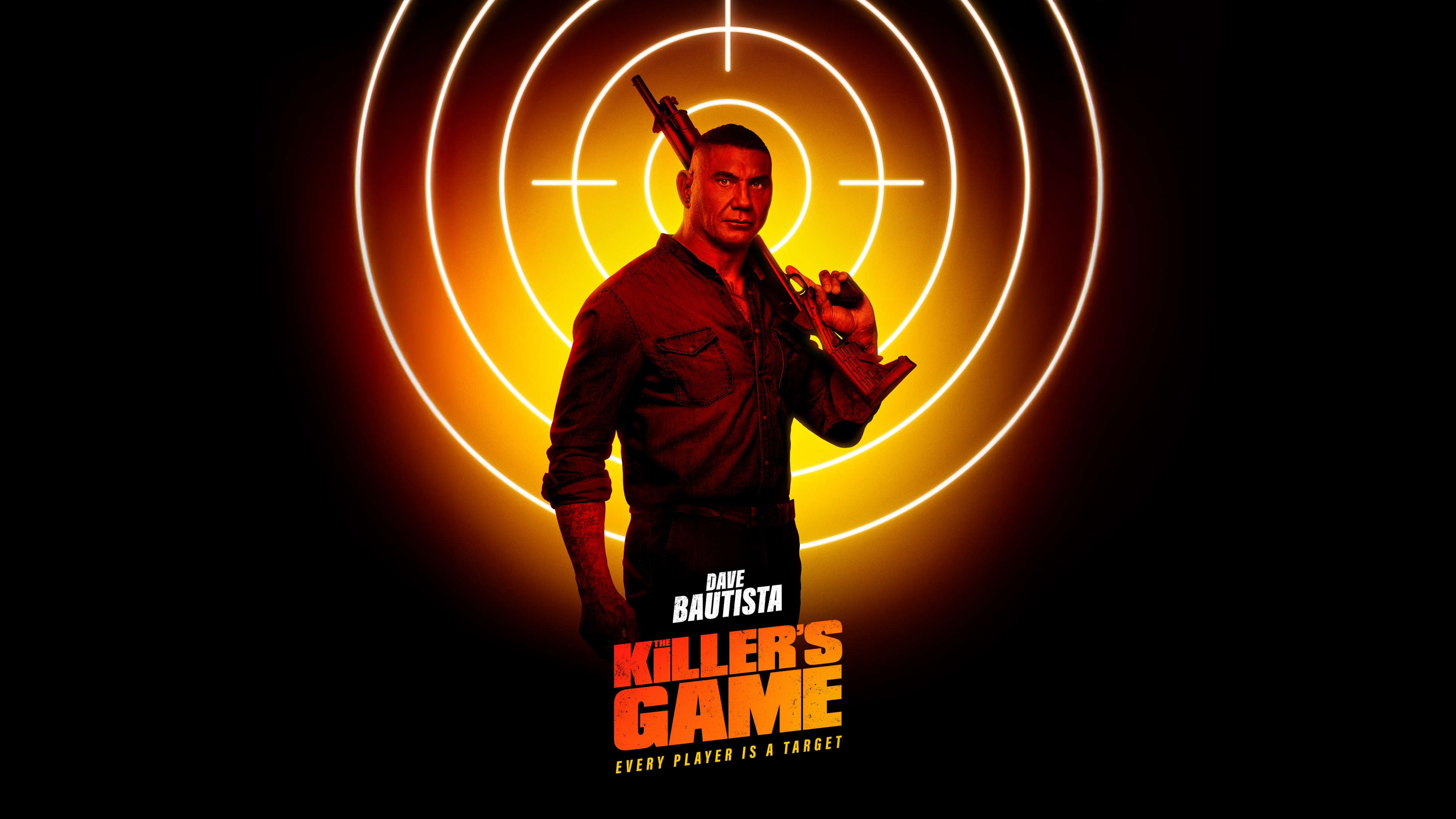 Intense cinematic portrait of Dave Bautista from the movie The Killer's Game (2024).