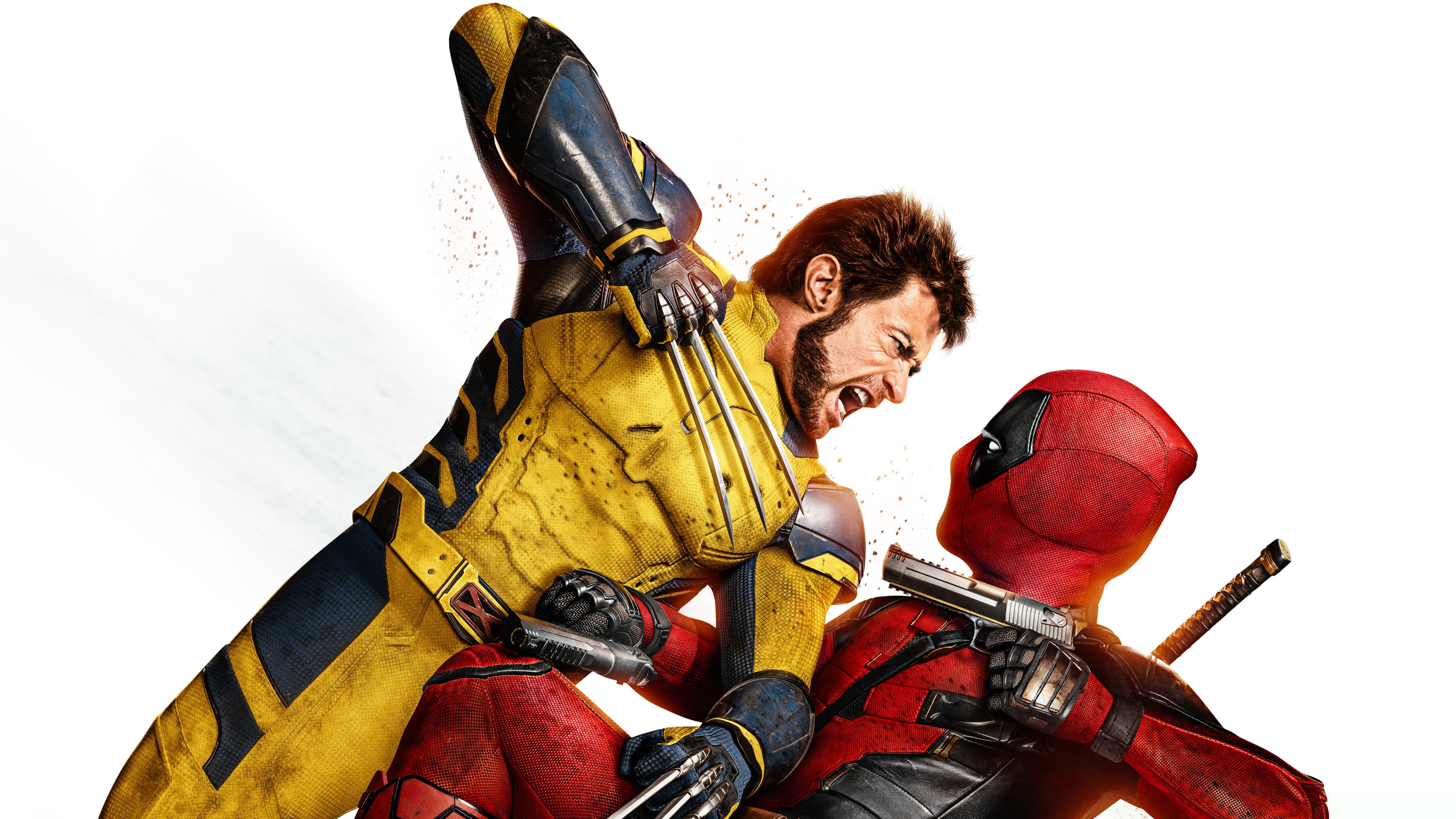 Deadpool and Wolverine from the Marvel Cinematic Universe standing against a white background