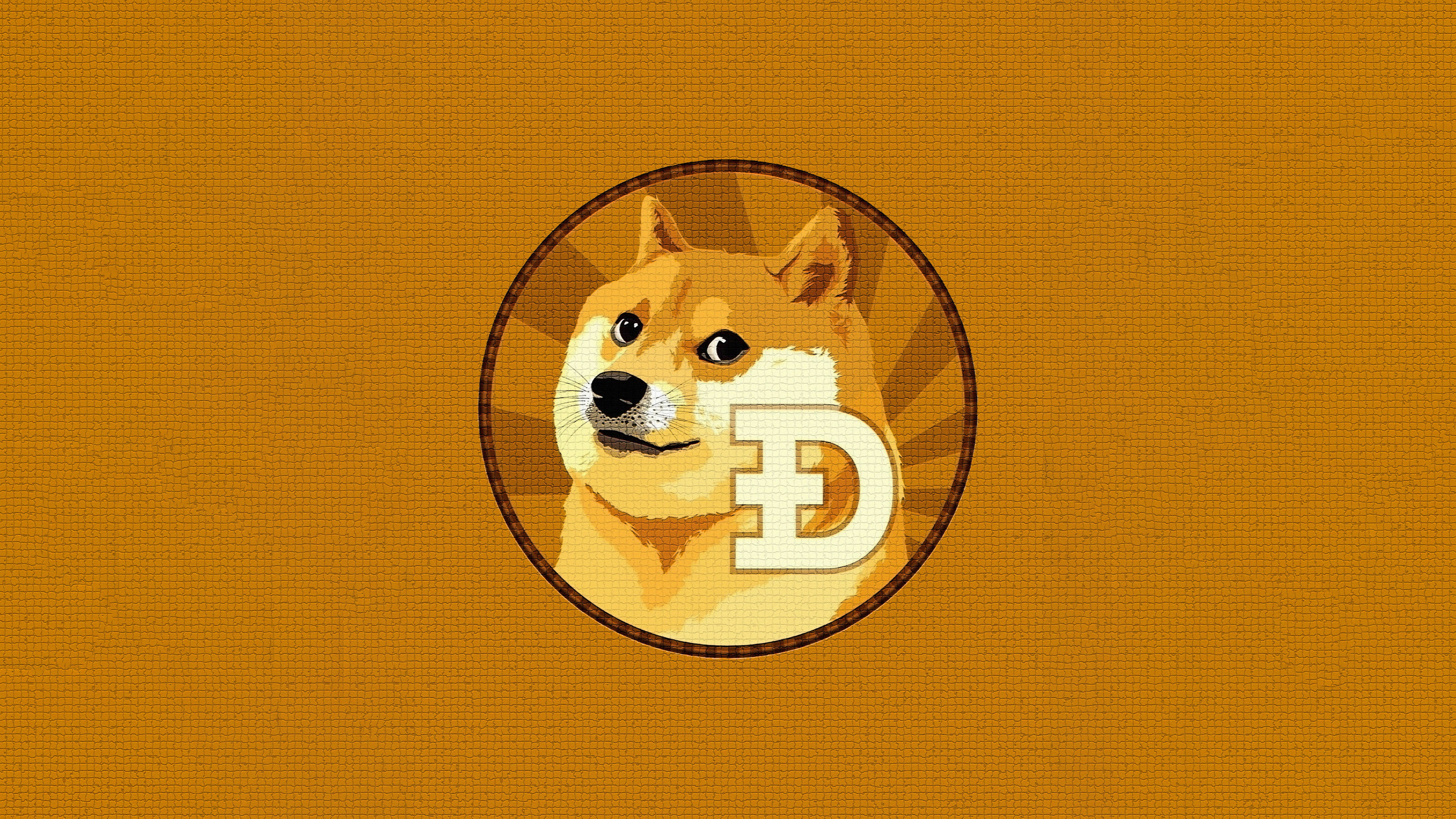 A Shiba Inu dog representing the Dogecoin cryptocurrency on a bright yellow background.