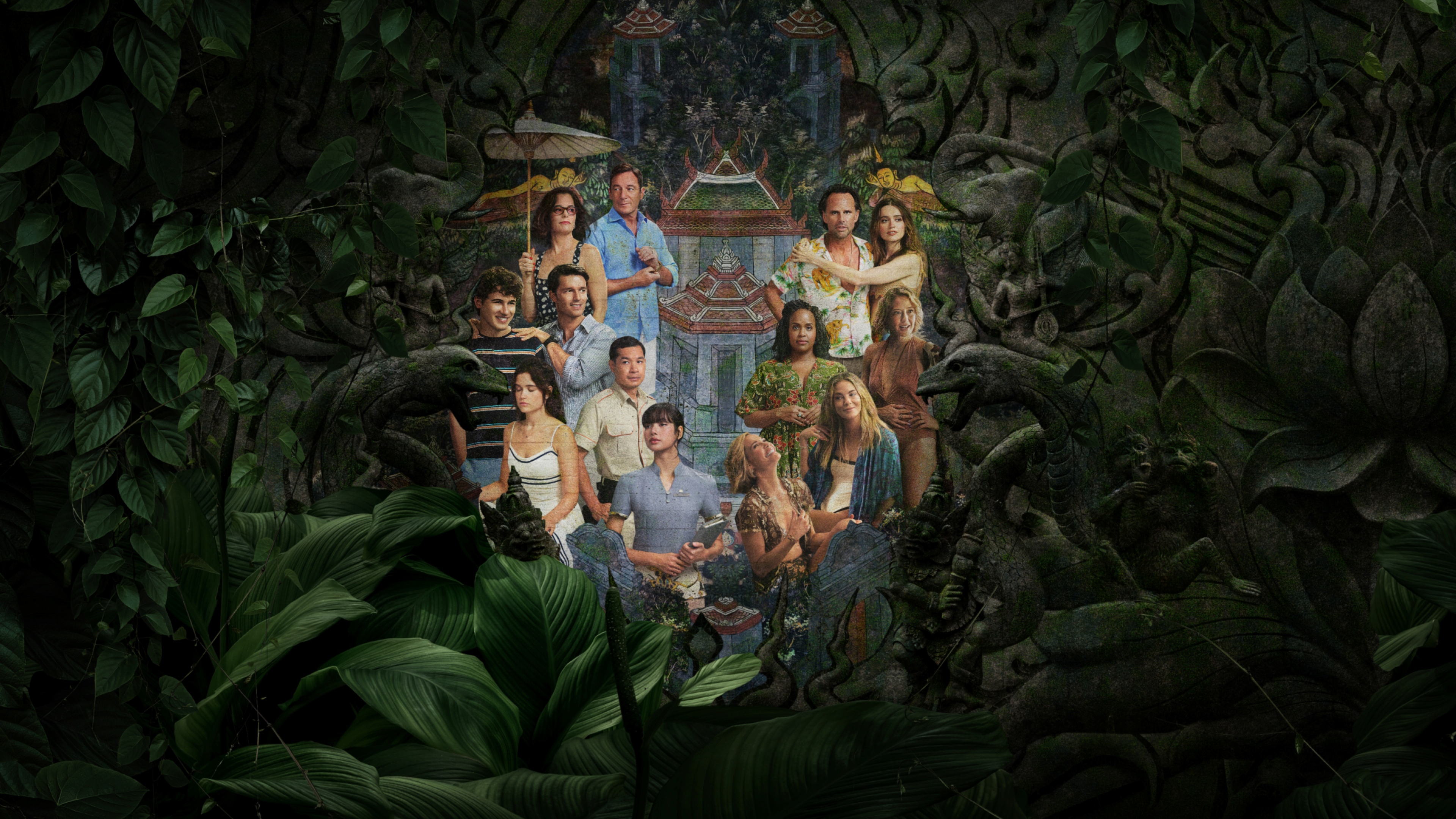 A person in luxurious summer attire overlooking a sun-soaked tropical resort, inspired by The White Lotus Season 3.