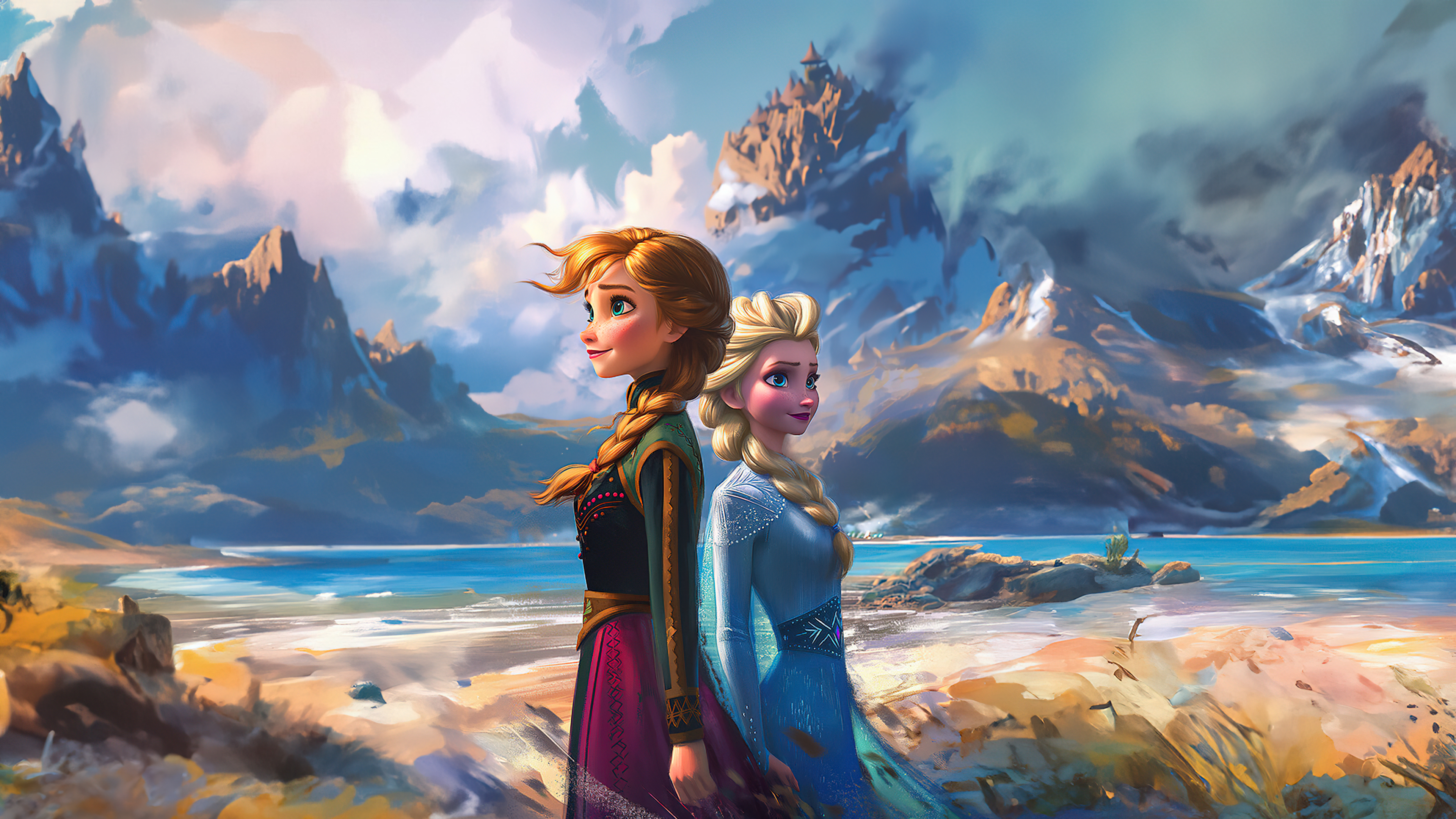 Artistic illustration of Princess Anna and Queen Elsa from Disney's Frozen standing side by side.