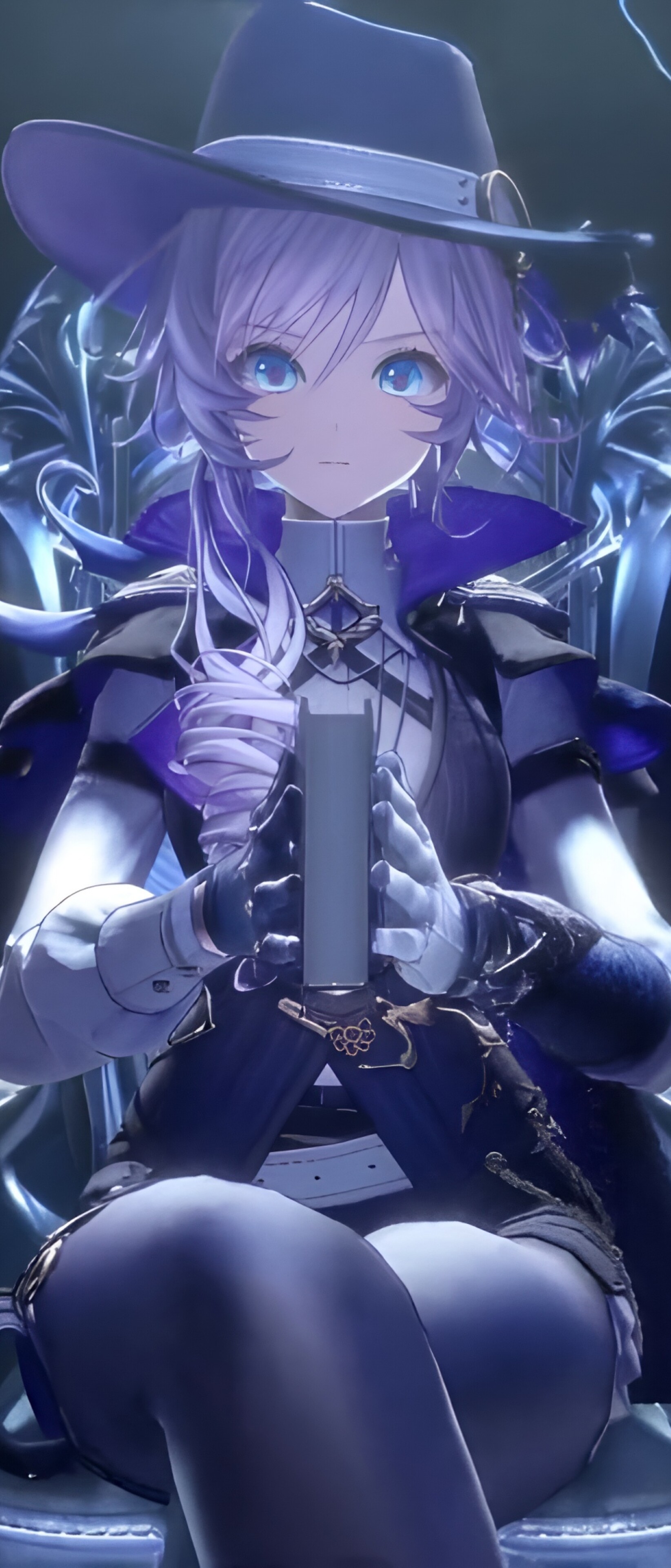 An anime girl with a serene expression standing in a majestic silver palace illuminated by a deep purple aesthetic glow.