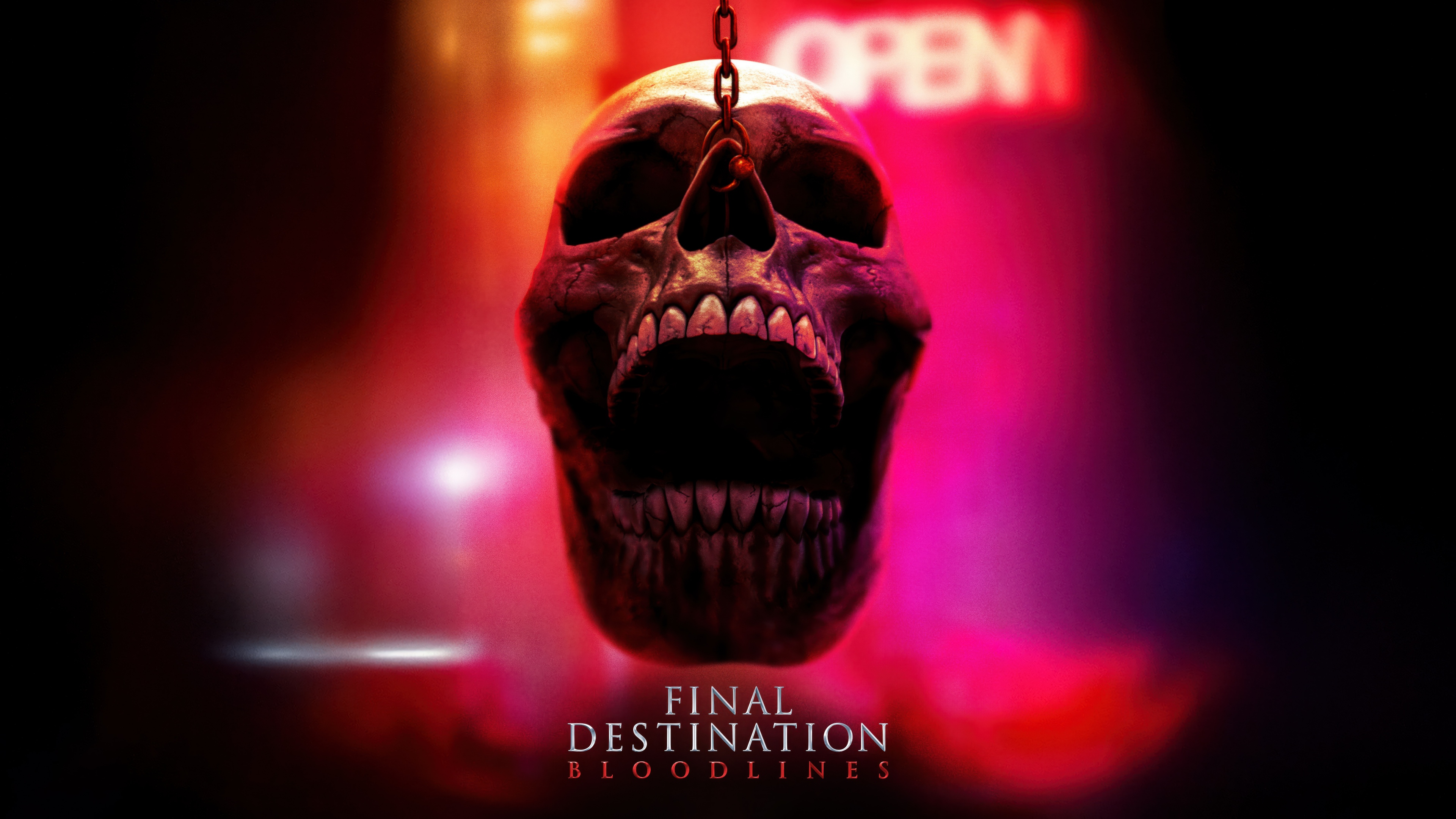 A cinematic and hyper-realistic close-up of a human skull representing the theme of death in Final Destination: Bloodlines.