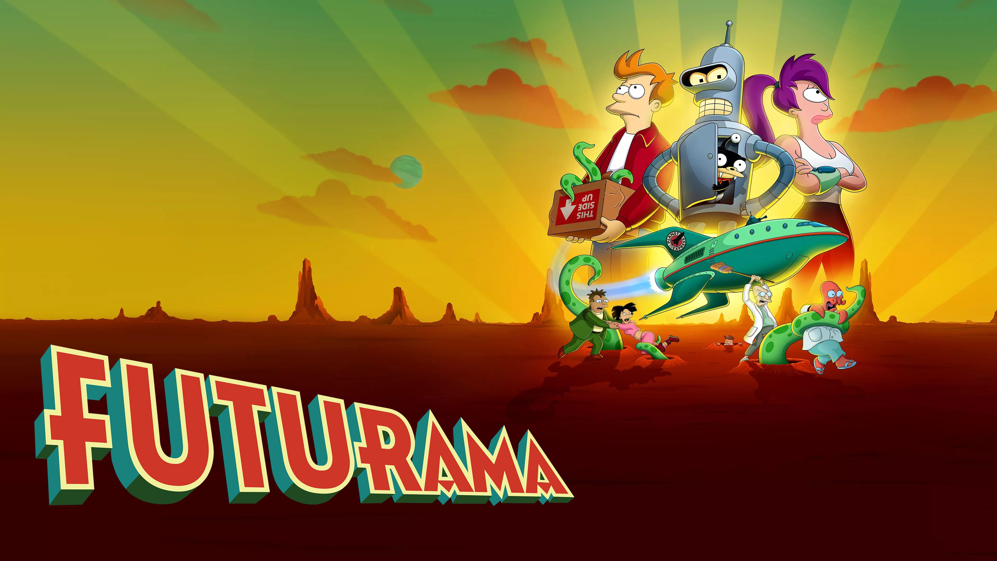 A colorful and futuristic cartoon scene from the Futurama animated series.