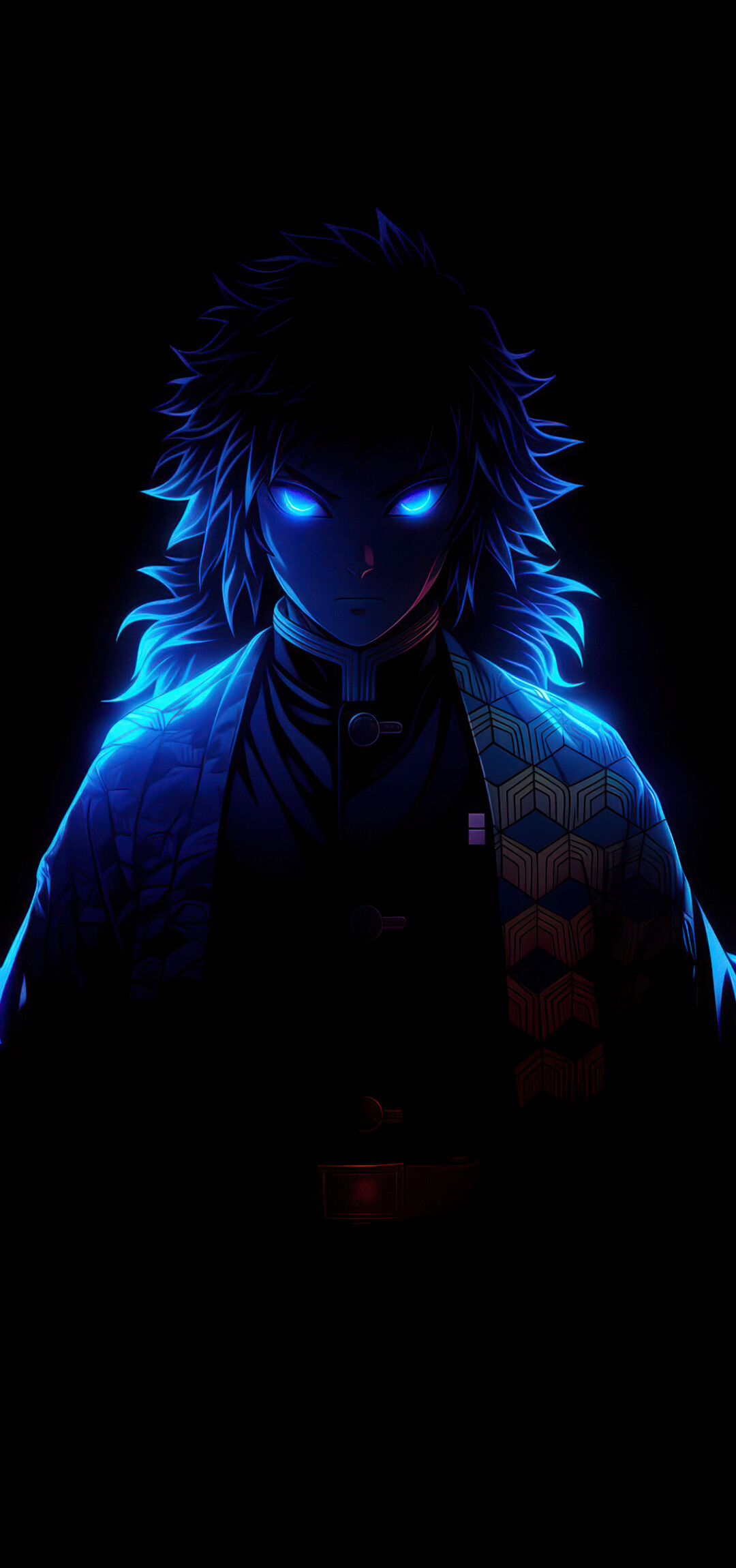 A high-contrast AMOLED-style portrait of Giyu Tomioka from Demon Slayer: Kimetsu no Yaiba against a solid black background.