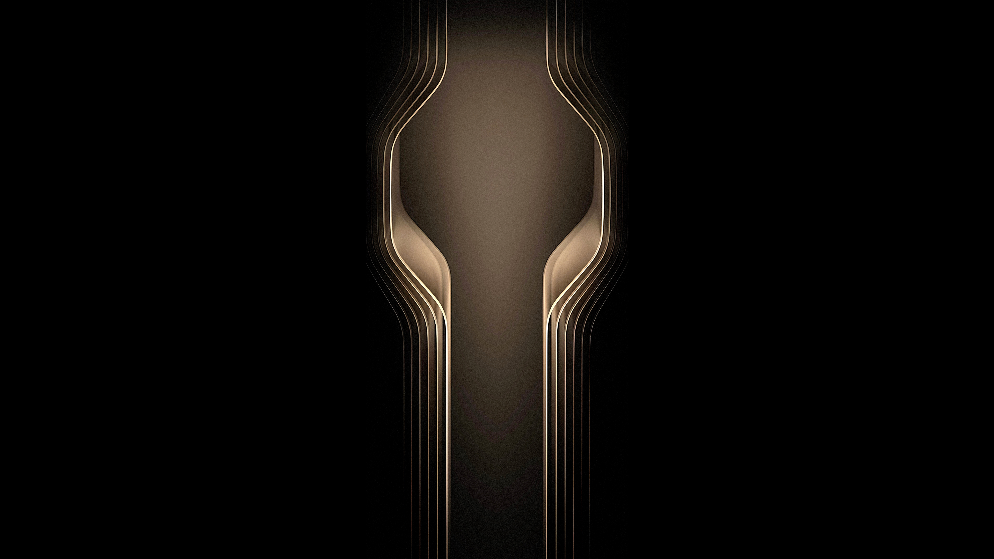 Symmetrical golden geometric patterns on a dark, high-contrast background with a modern design aesthetic.